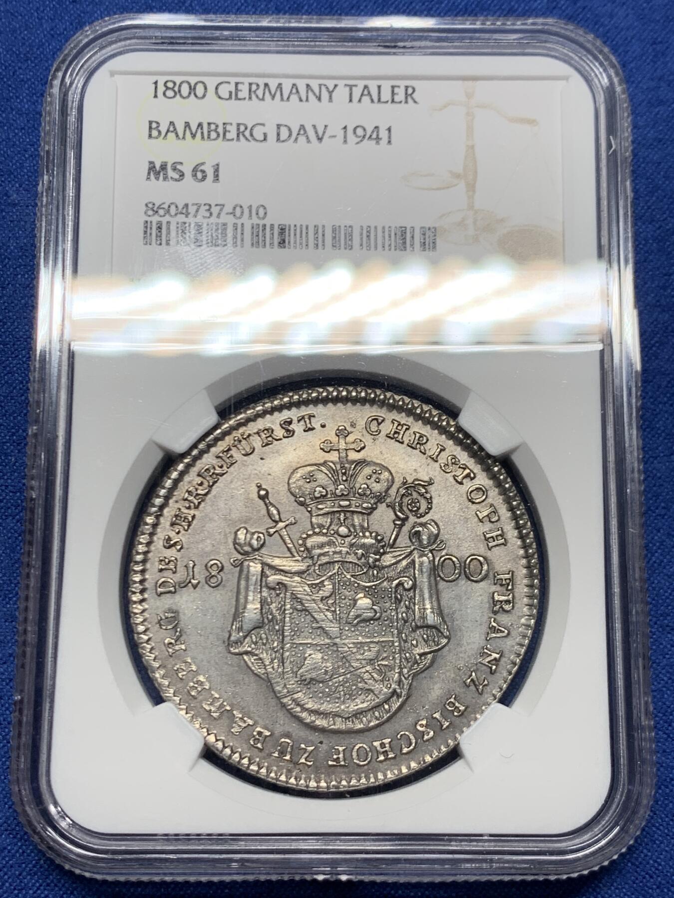 《竞宝斋》第460场 周日，周一，2场连拍 （全场包邮）欢迎送拍 NGC MS61 德国 1800班贝格主教区 景观泰勒 大银币 稀见MS品种