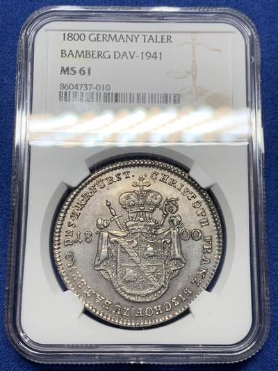 《竞宝斋》第460场 周日，周一，2场连拍 （全场包邮）欢迎送拍 - NGC MS61 德国 1800班贝格主教区 景观泰勒 大银币 稀见MS品种