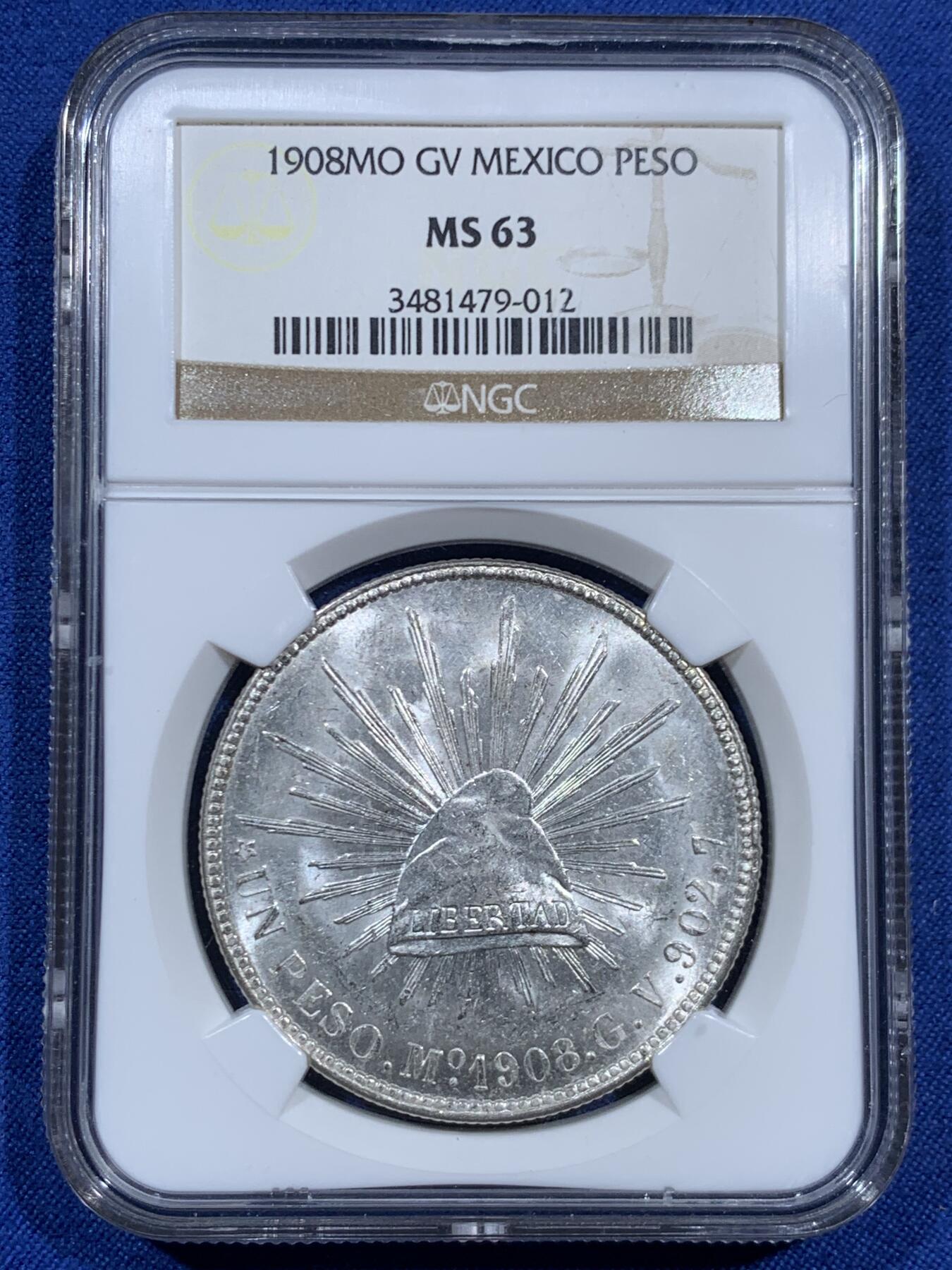 《竞宝斋》第460场 周日，周一，2场连拍 （全场包邮）欢迎送拍 NGC MS63 墨西哥1908年直边鹰洋1比索银币 暴光品相 老盒严评