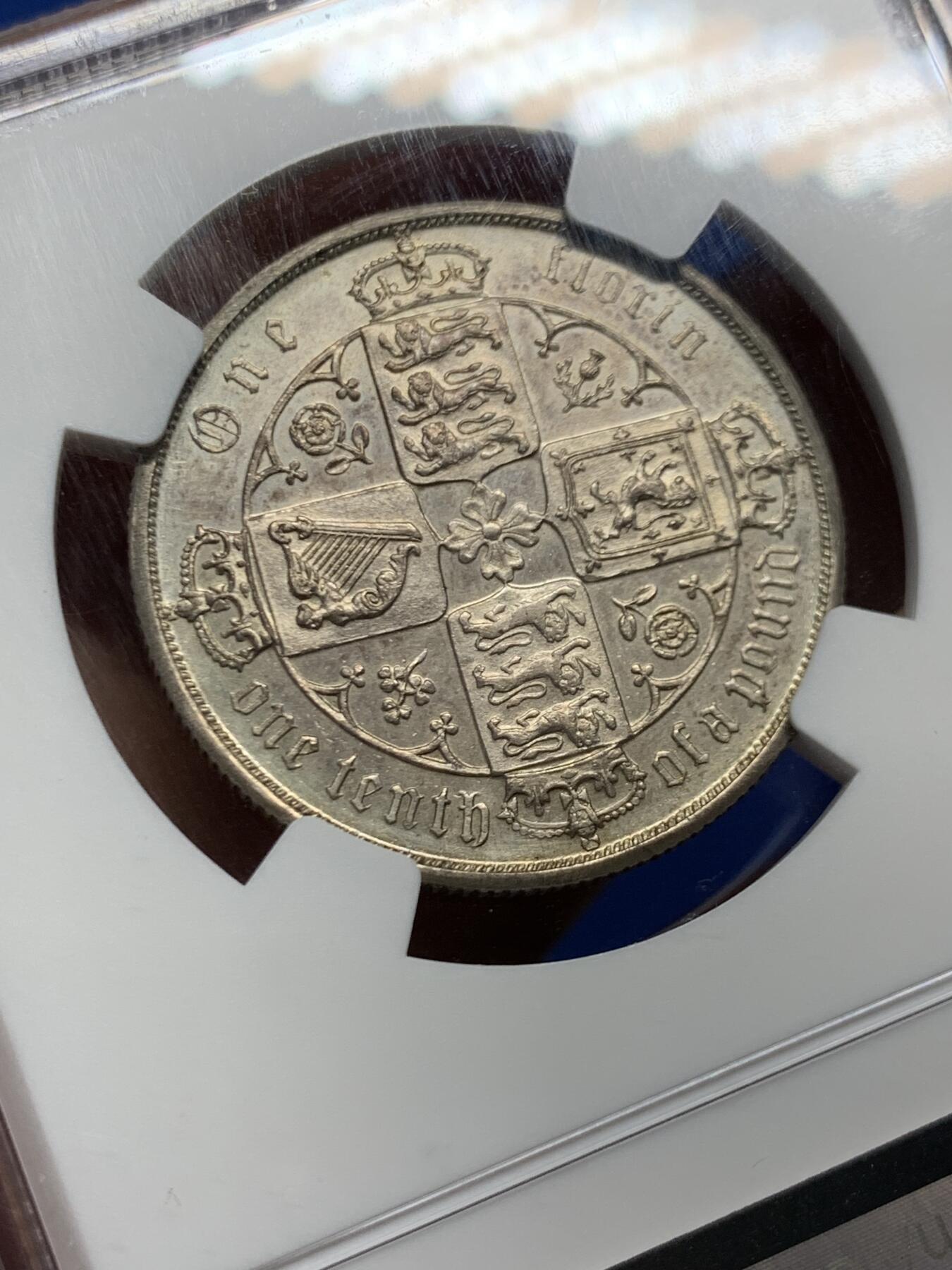 《竞宝斋》第460场 周日，周一，2场连拍 （全场包邮）欢迎送拍 NGC UNC 英国 1887年 哥特体福林银币 细节非常好 感觉可以再试试评级