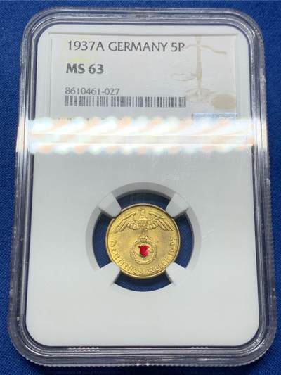《竞宝斋》第460场 周日，周一，2场连拍 （全场包邮）欢迎送拍 - NGC MS63 德国1937A厂5芬尼铜币，经典品种，黄铜光饱满