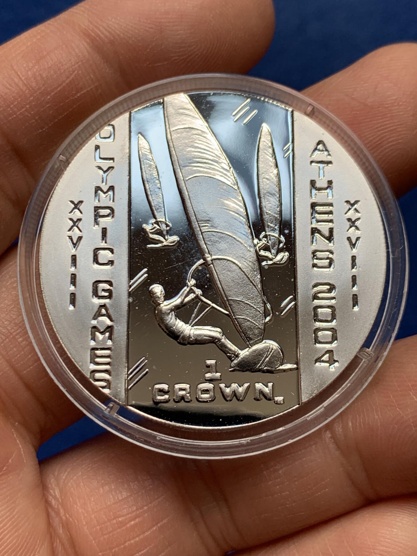 《竞宝斋》第460场 周日，周一，2场连拍 （全场包邮）欢迎送拍 马恩岛2003年雅典奥运会-风帆冲浪1克朗精制银币 925银 28.3克