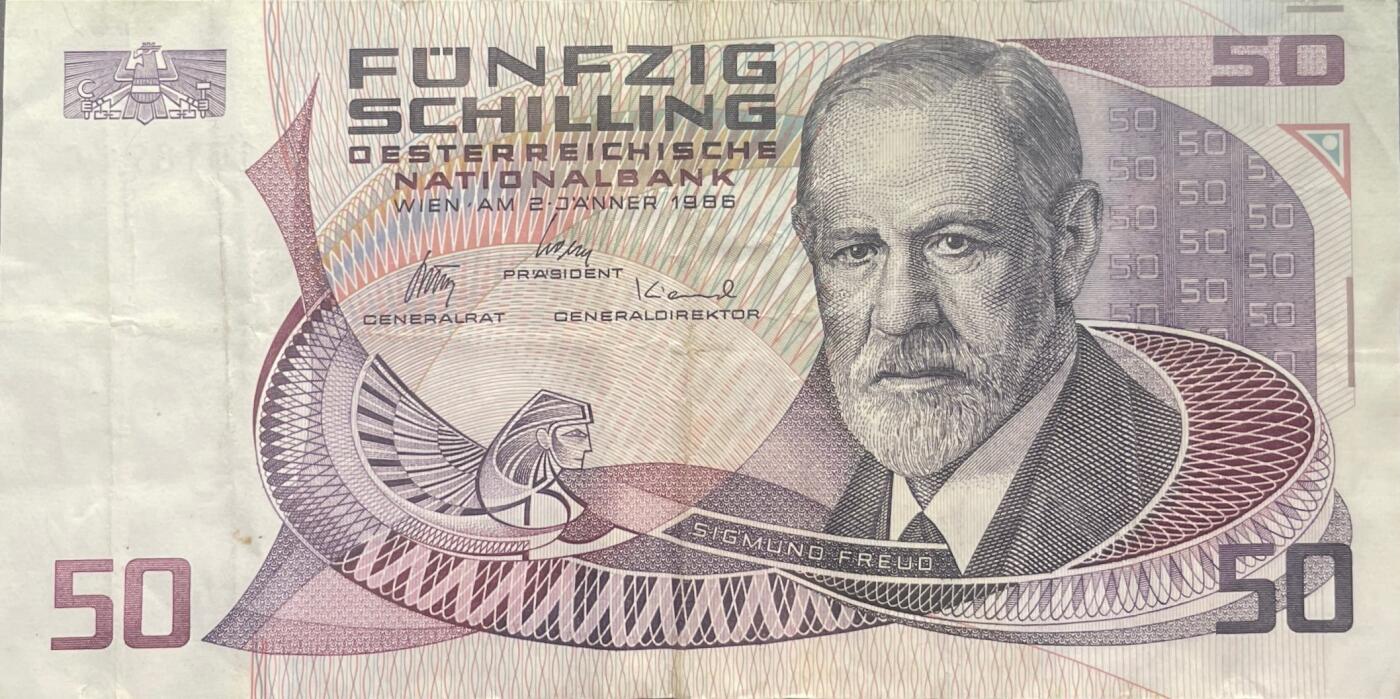 回流0119 奥地利1986年版50先令（Fünfzig Schilling）纸币 著名心理学家弗洛伊德