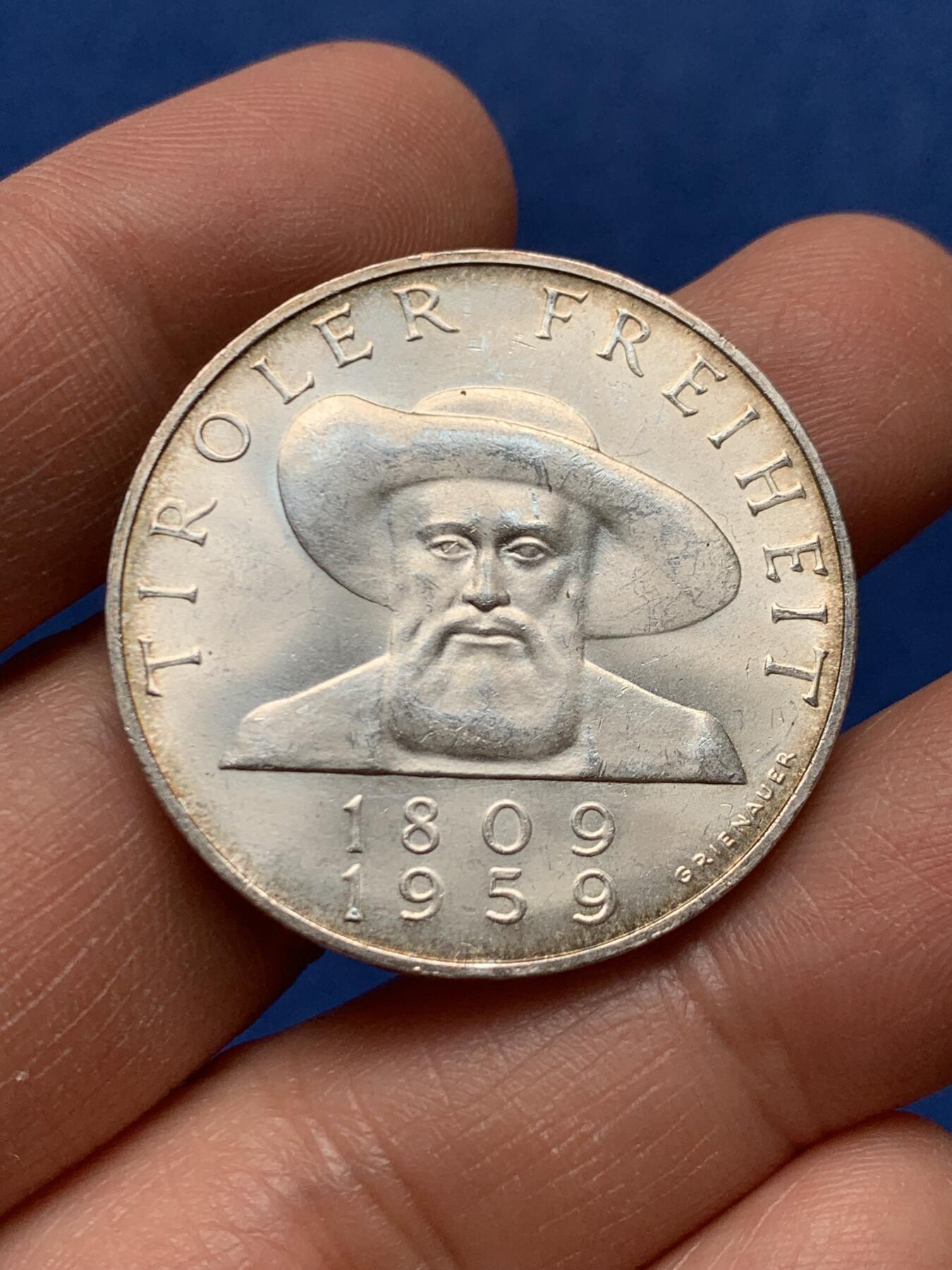 《竞宝斋》第460场 周日，周一，2场连拍 （全场包邮）欢迎送拍 奥地利 1959年 蒂罗尔解放150周年 50先令银币 900银 19.85克