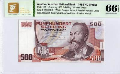 喜羊羊钱币收藏2026第14期(评级币场) - 	奥地利	P-151 1985年500先令	66E				F593630E			