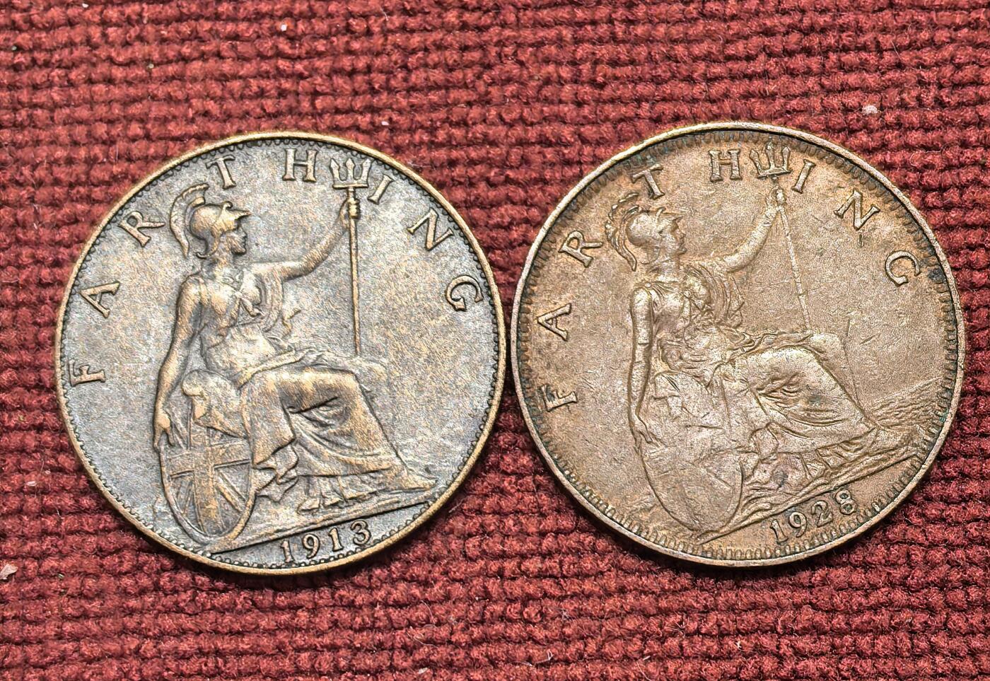 南宋泉阁俄币 外币 国币 专场第二十一期 【送拍无额外佣金】 英国 1913/1928年 乔治五世1法新一对 通货好品 老包浆