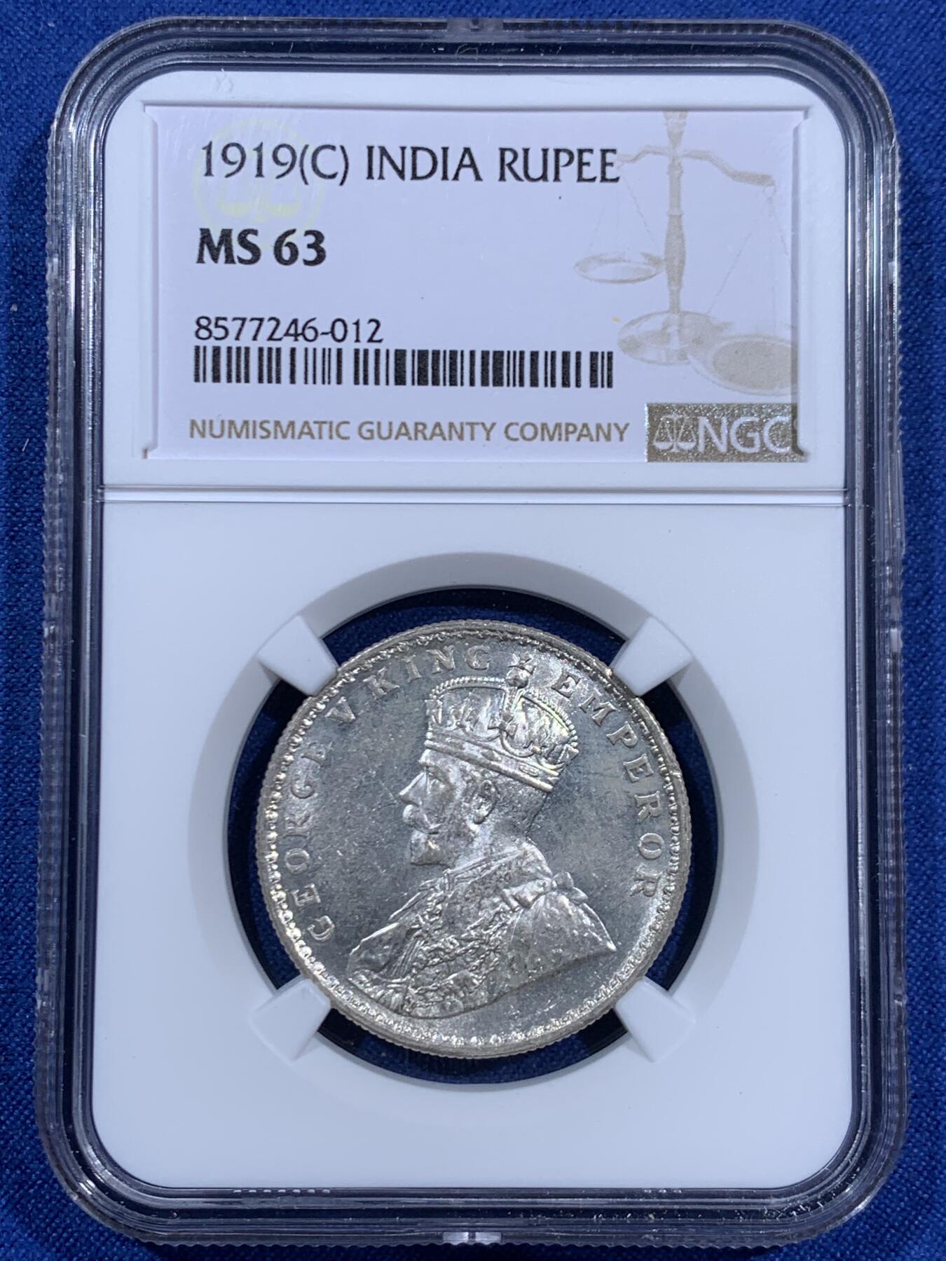 《竞宝斋》第460场 周日，周一，2场连拍 （全场包邮）欢迎送拍 NGC MS63 英属印度 1919年 乔治五世 1卢比 银币