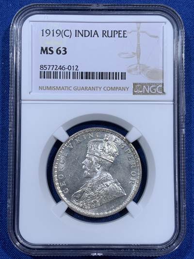 《竞宝斋》第460场 周日，周一，2场连拍 （全场包邮）欢迎送拍 - NGC MS63 英属印度 1919年 乔治五世 1卢比 银币