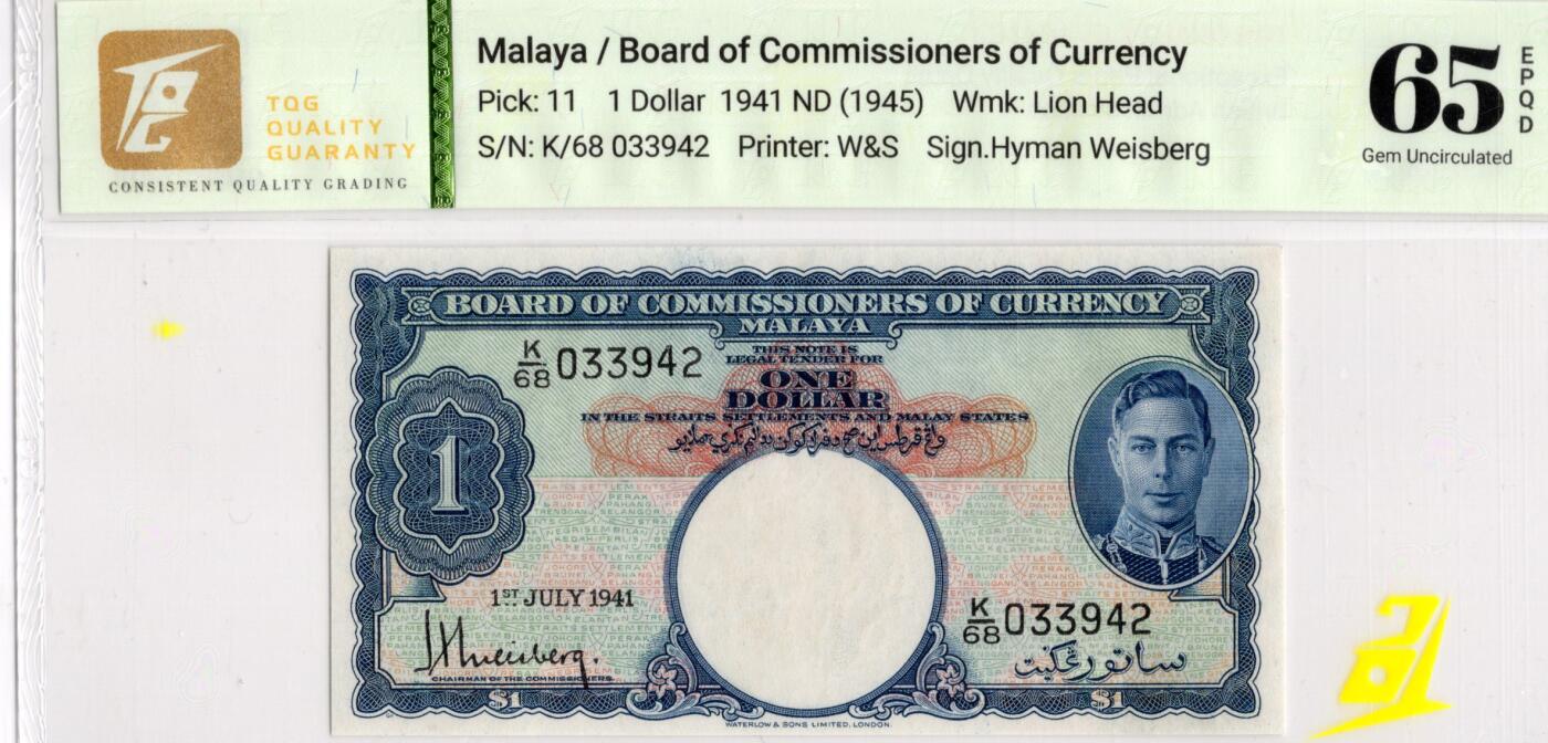 喜羊羊钱币收藏2026第14期(评级币场) 马来亚	P-11 1941年1元		65E				K/68 033942			