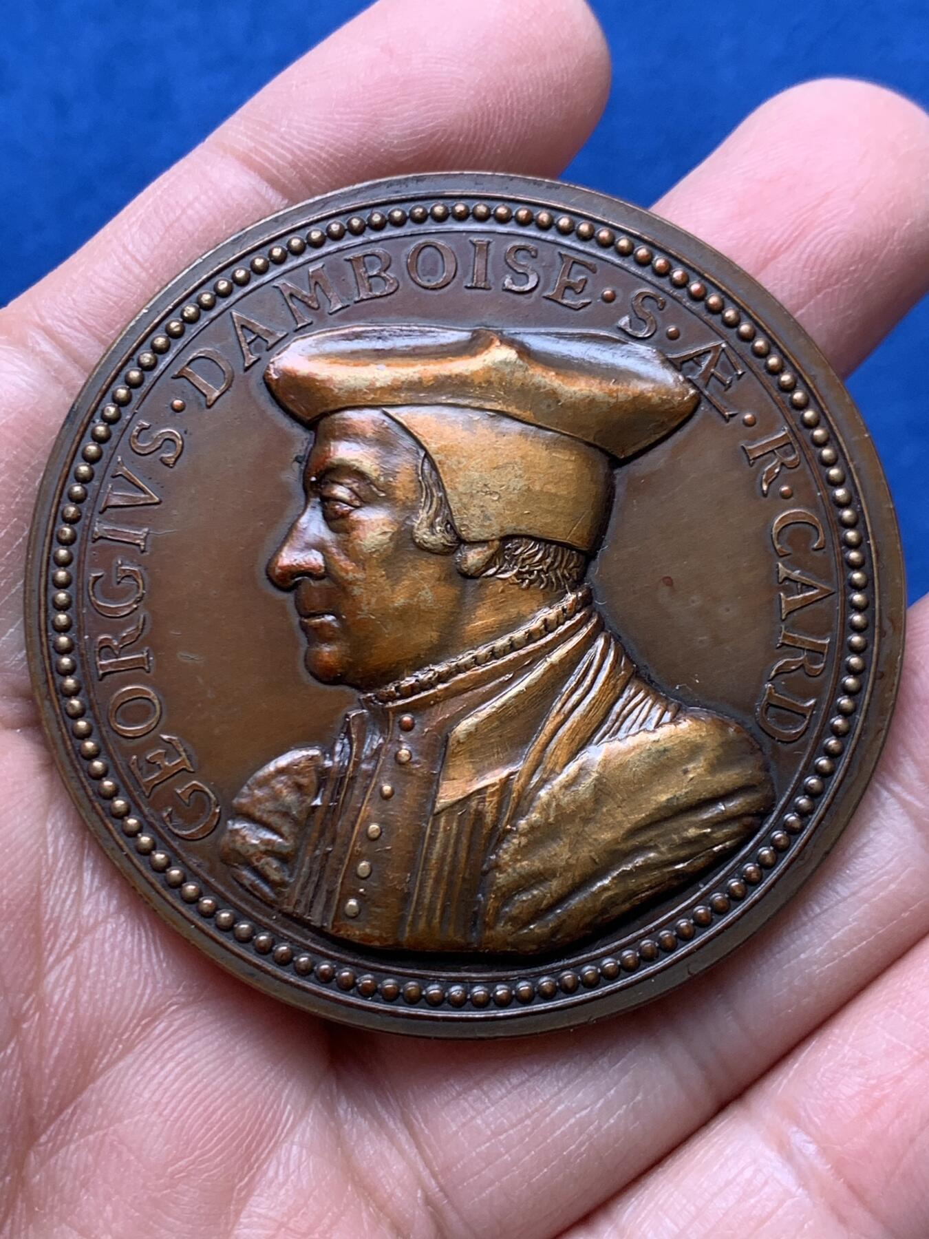 《竞宝斋》第460场 周日，周一，2场连拍 （全场包邮）欢迎送拍 法国天主教枢机主教乔治·丹博瓦大铜章 早期后铸高浮雕 76.2g 53.1mm