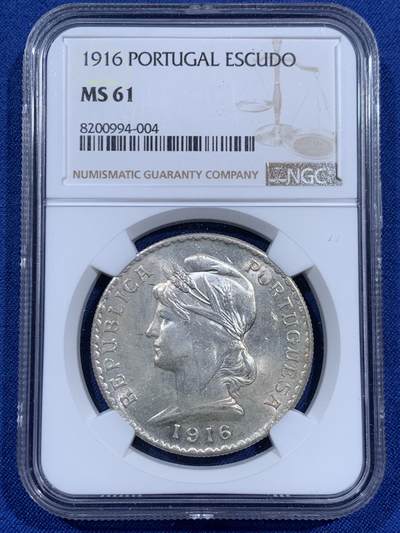 《竞宝斋》第460场 周日，周一，2场连拍 （全场包邮）欢迎送拍 - NGC MS61 葡萄牙1916年女神1埃斯库多银币