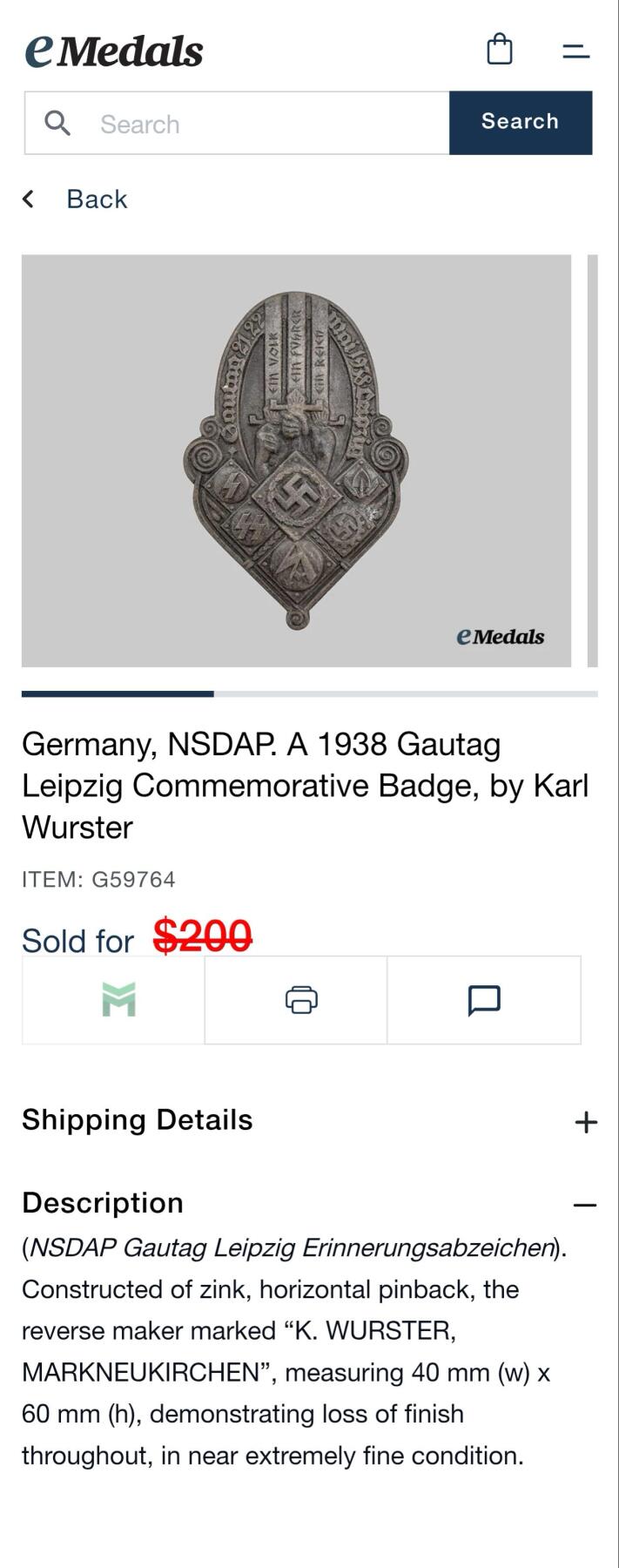 盛世勋华——号角文化勋章邮票专场拍卖第300期 德国（1939）1938年莱比锡大区日纪念证章 极为少见 eMedals售价200美元参见图三