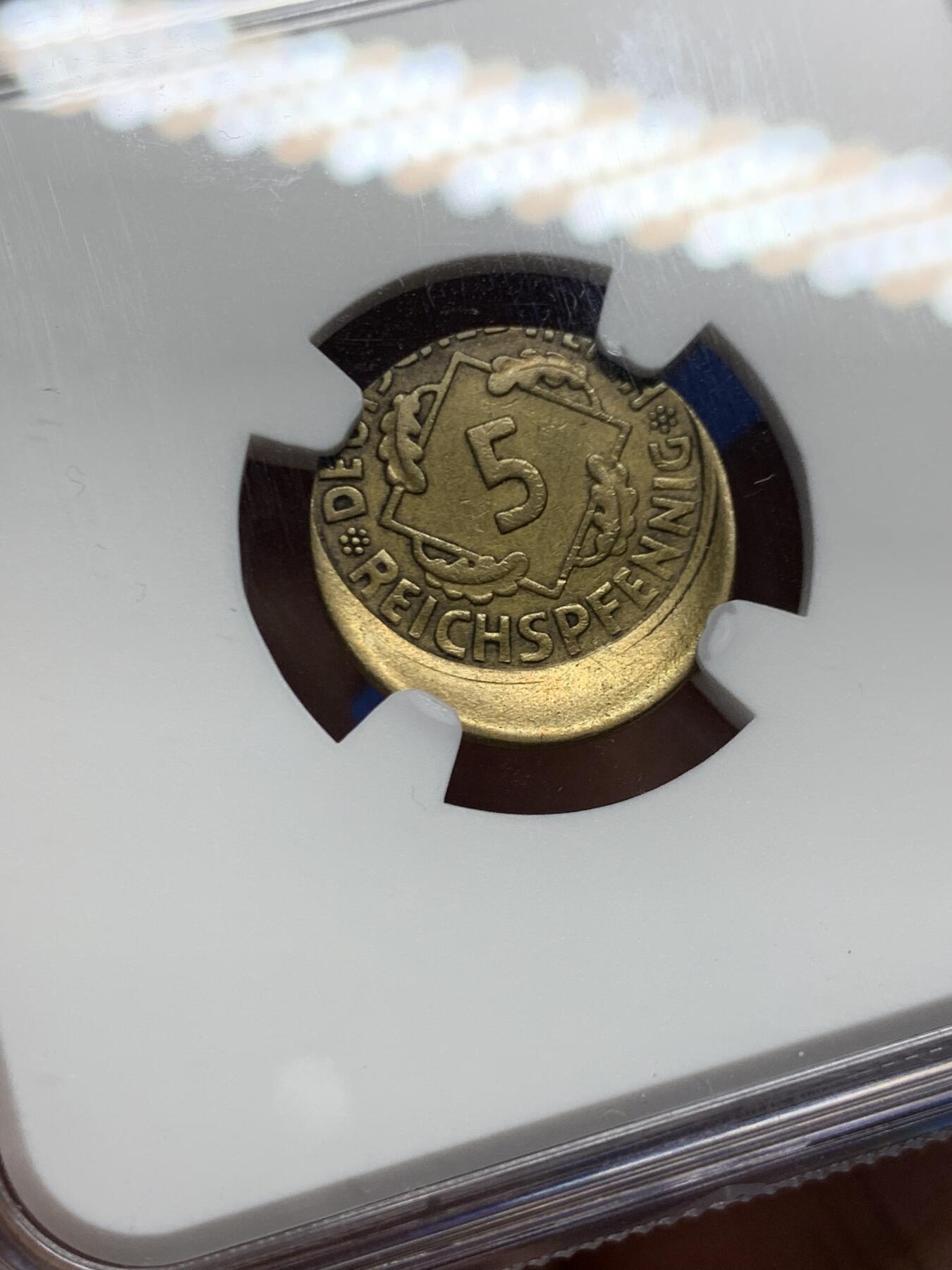 《竞宝斋》第460场 周日，周一，2场连拍 （全场包邮）欢迎送拍 NGC AU50 德国 1930年 5芬尼 这个时期偏打达到30%的币很难遇到