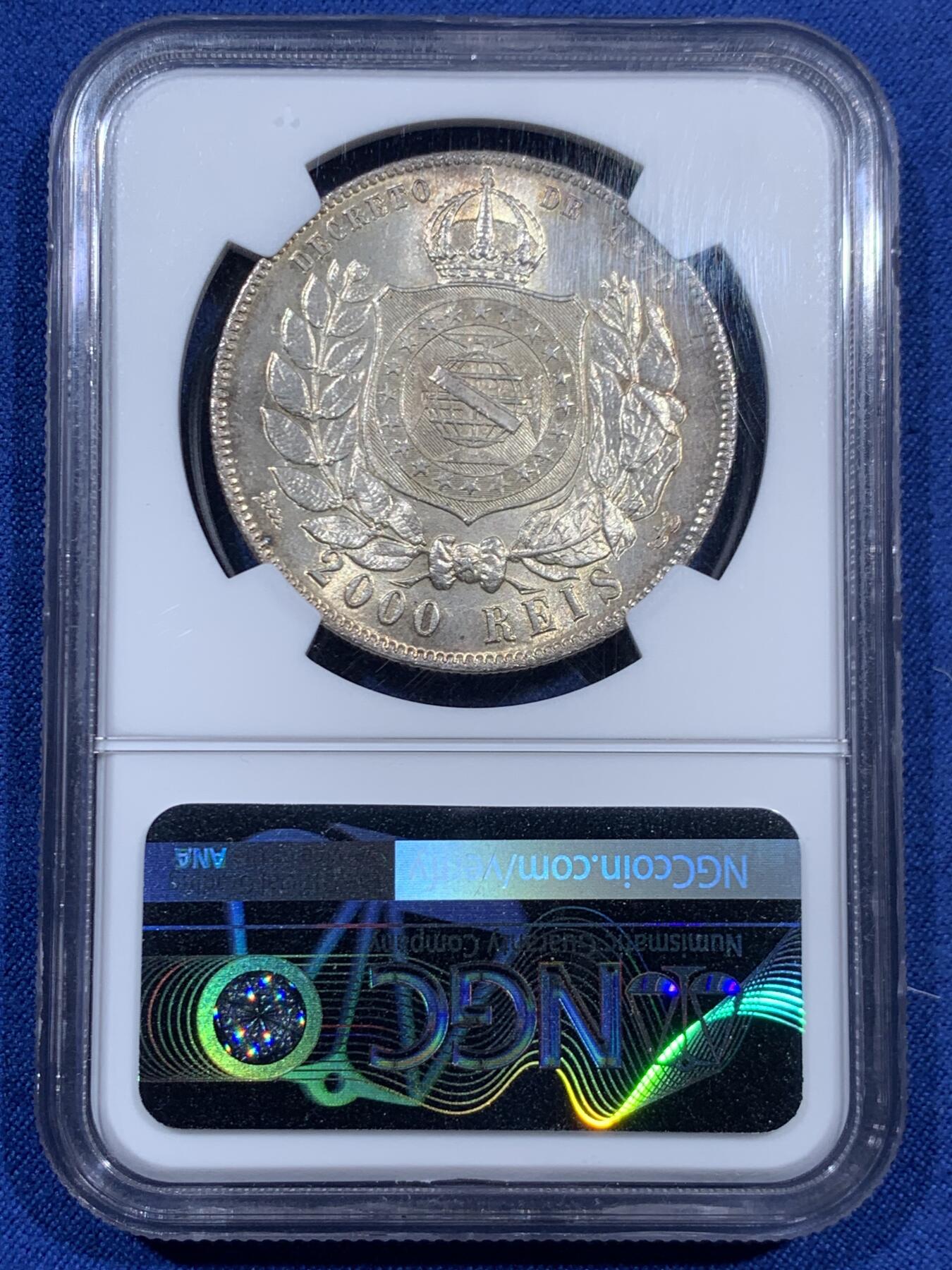 《竞宝斋》第460场 周日，周一，2场连拍 （全场包邮）欢迎送拍 NGC MS65 巴西1888年佩德罗二世2000瑞斯银币 顶级原光五彩 丝绸底板 高分稀少 1888发财年份
