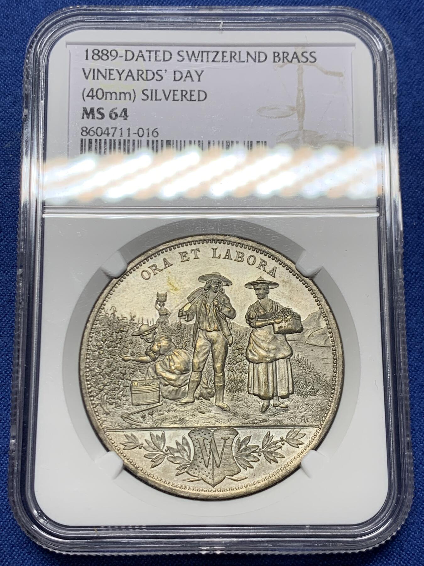 《竞宝斋》第460场 周日，周一，2场连拍 （全场包邮）欢迎送拍 NGC MS64 瑞士 1889年 沃韦葡萄酒节 镀银铜章 精美设计 非常细腻