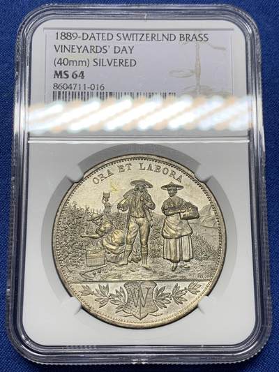 《竞宝斋》第460场 周日，周一，2场连拍 （全场包邮）欢迎送拍 - NGC MS64 瑞士 1889年 沃韦葡萄酒节 镀银铜章 精美设计 非常细腻
