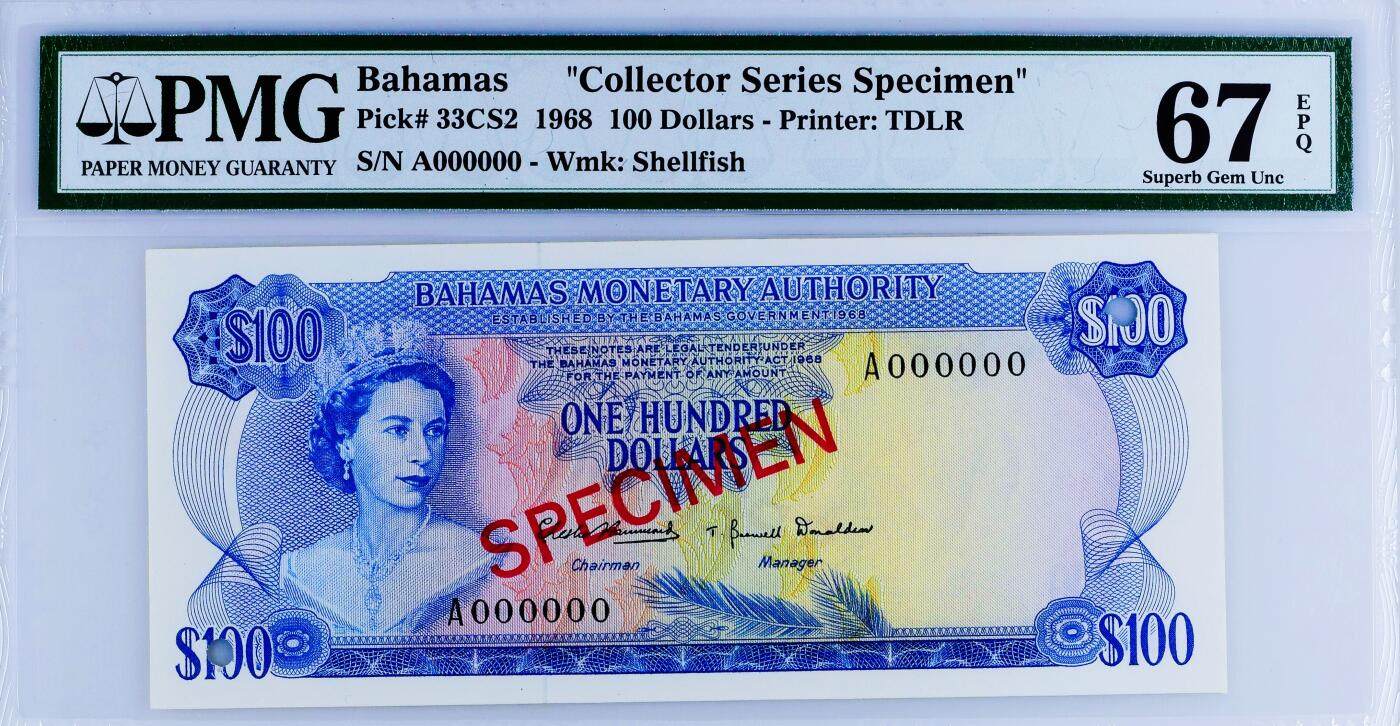 【Blue Auction】世界纸币精拍第777期——18级TOP拍卖/信誉/品质/专业/高效💫 【冠军分 样钞】巴哈马 1968年100元 大马哈鱼 彩背 女王 最高值 印刷品质相同 实钞价格太贵 凑套可完全替代 PMG67EPQ 高分老壳 