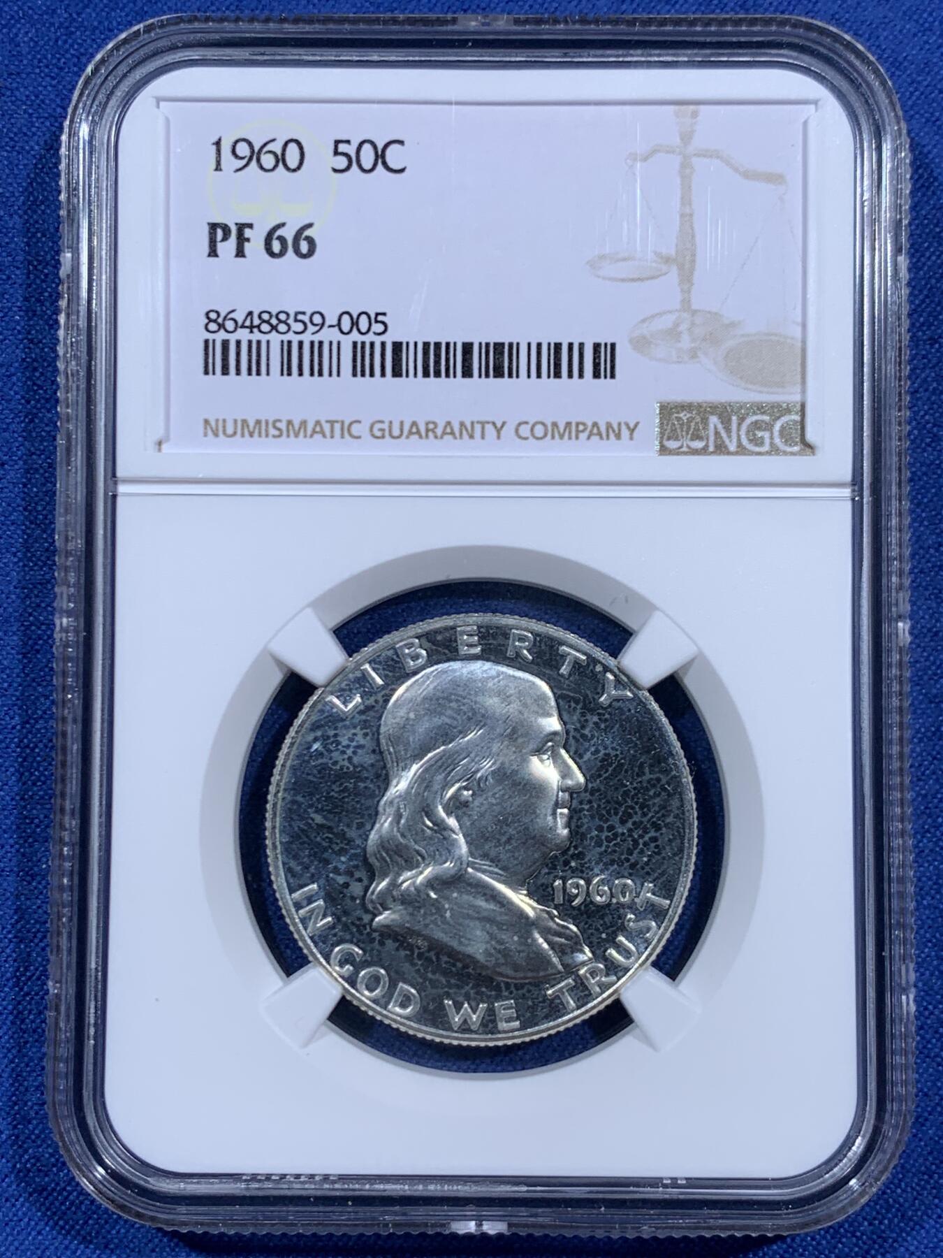 《竞宝斋》第460场 周日，周一，2场连拍 （全场包邮）欢迎送拍 NGC PF66 美国1960年富兰克林50美分银币，高分。