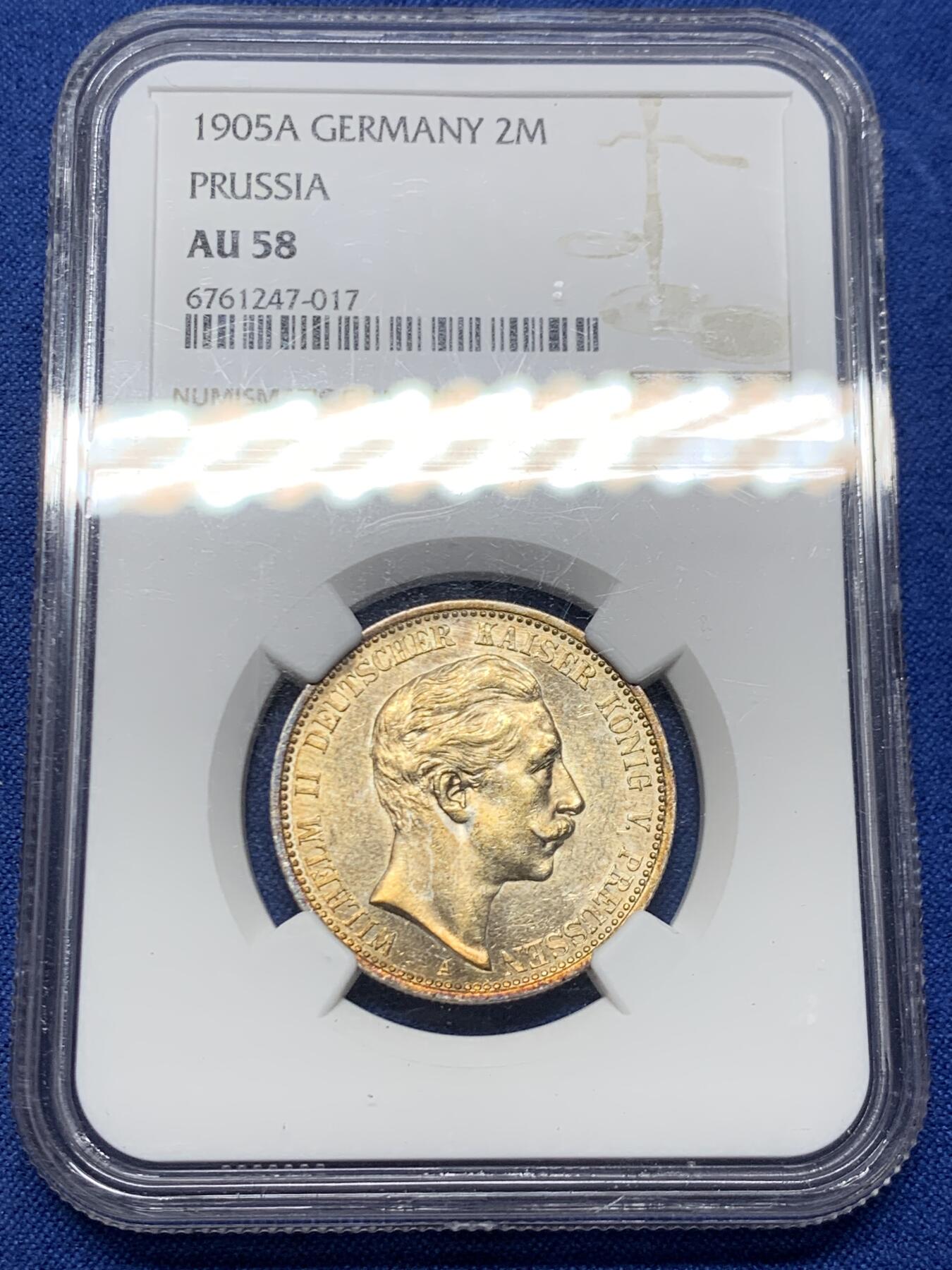 《竞宝斋》第460场 周日，周一，2场连拍 （全场包邮）欢迎送拍 NGC AU58 德国普鲁士1905年威廉二世2马克银币