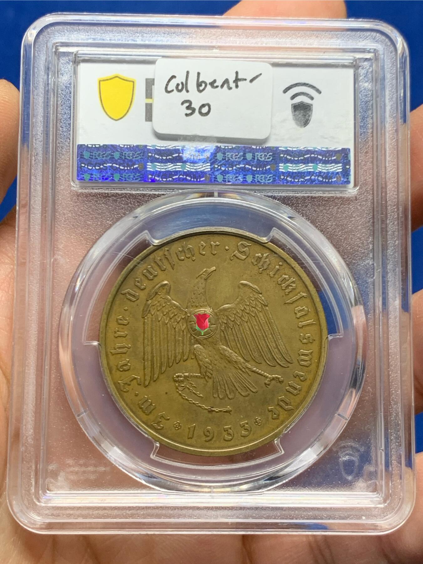 《竞宝斋》第460场 周日，周一，2场连拍 （全场包邮）欢迎送拍 PCGS SP62 德国 1933 帝国锁链鹰铜章 C30 AE matte 版本