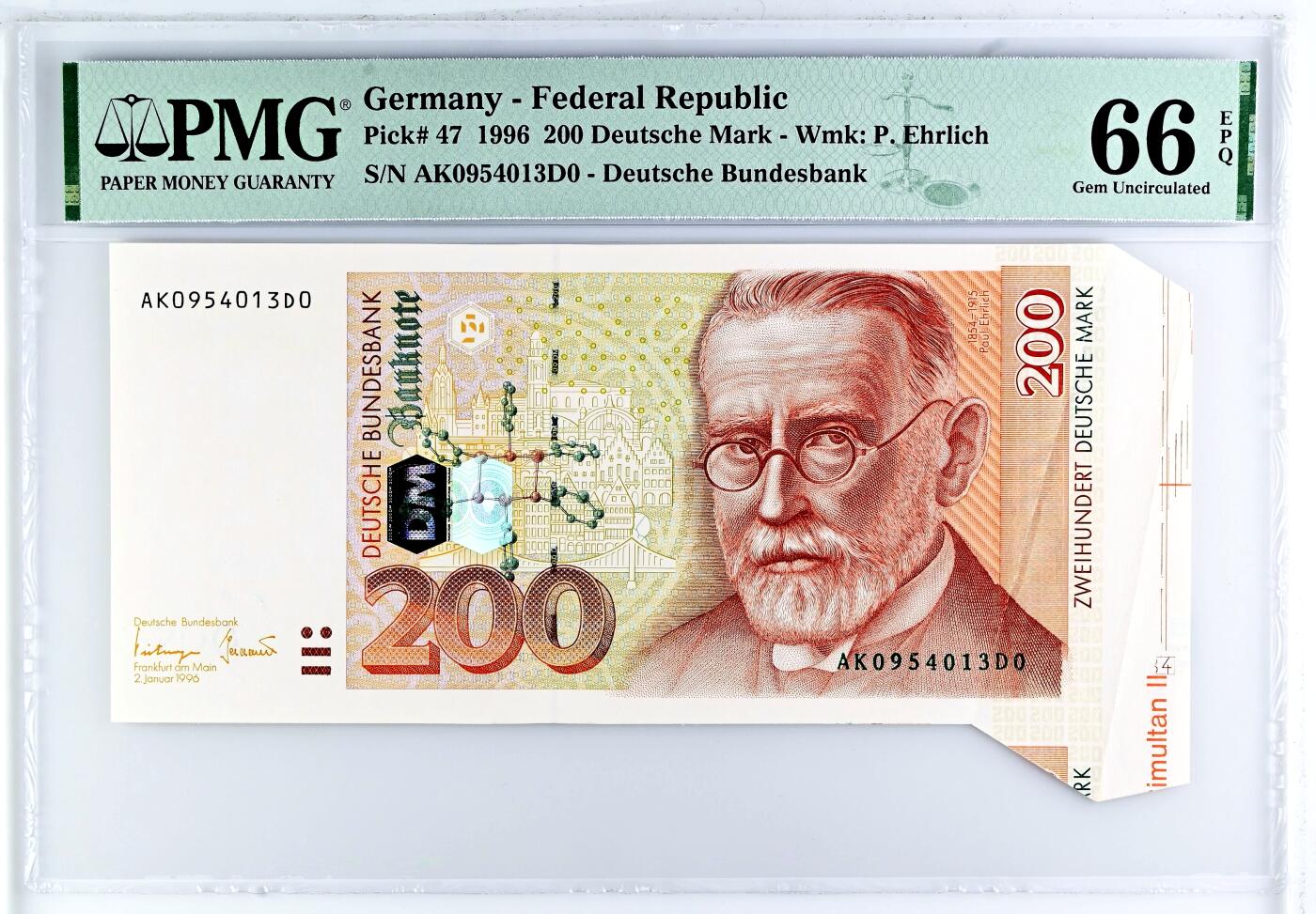 【Blue Auction】世界纸币精拍第777期——18级TOP拍卖/信誉/品质/专业/高效💫 【带边铭 fold over错钞罕见】德国 1996年200马克 PMG66EPQ 非常难遇 值得收藏研究 