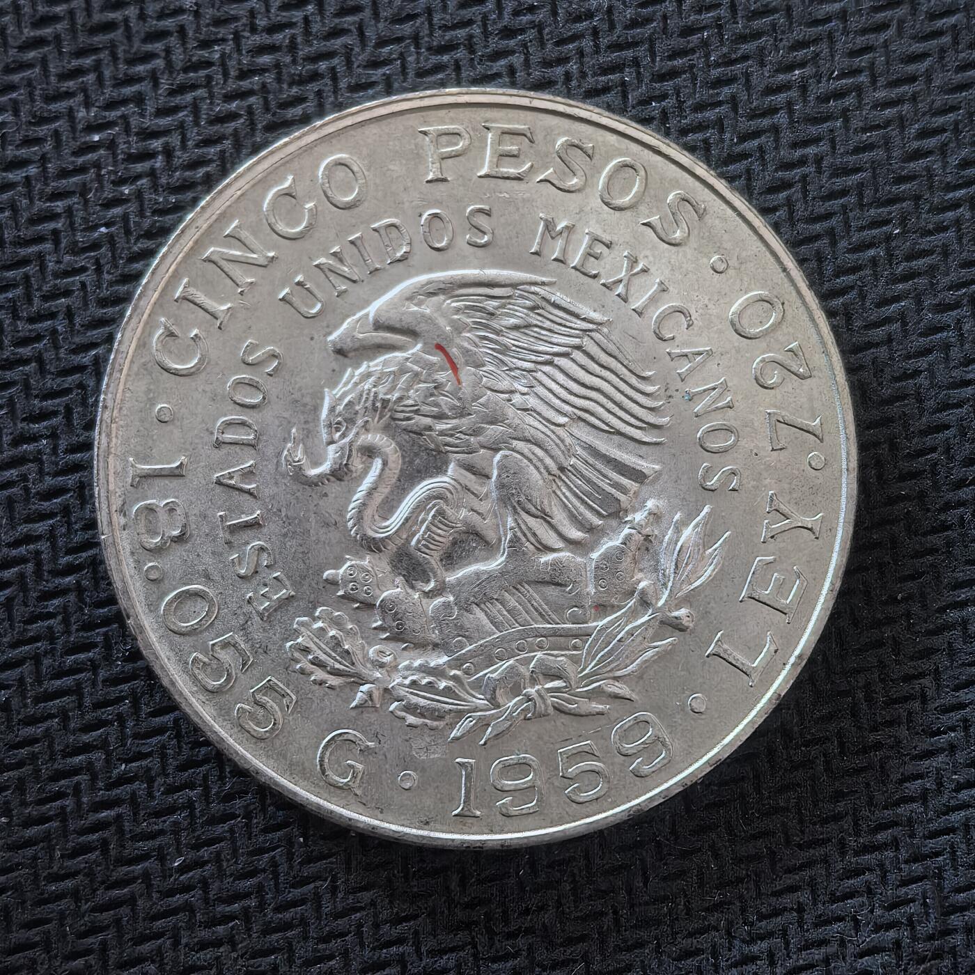 道一币馆币章第一百六十四场 墨西哥1959年民族解放者维努斯蒂亚诺·卡兰萨诞辰百年5比索银币  18g 720s