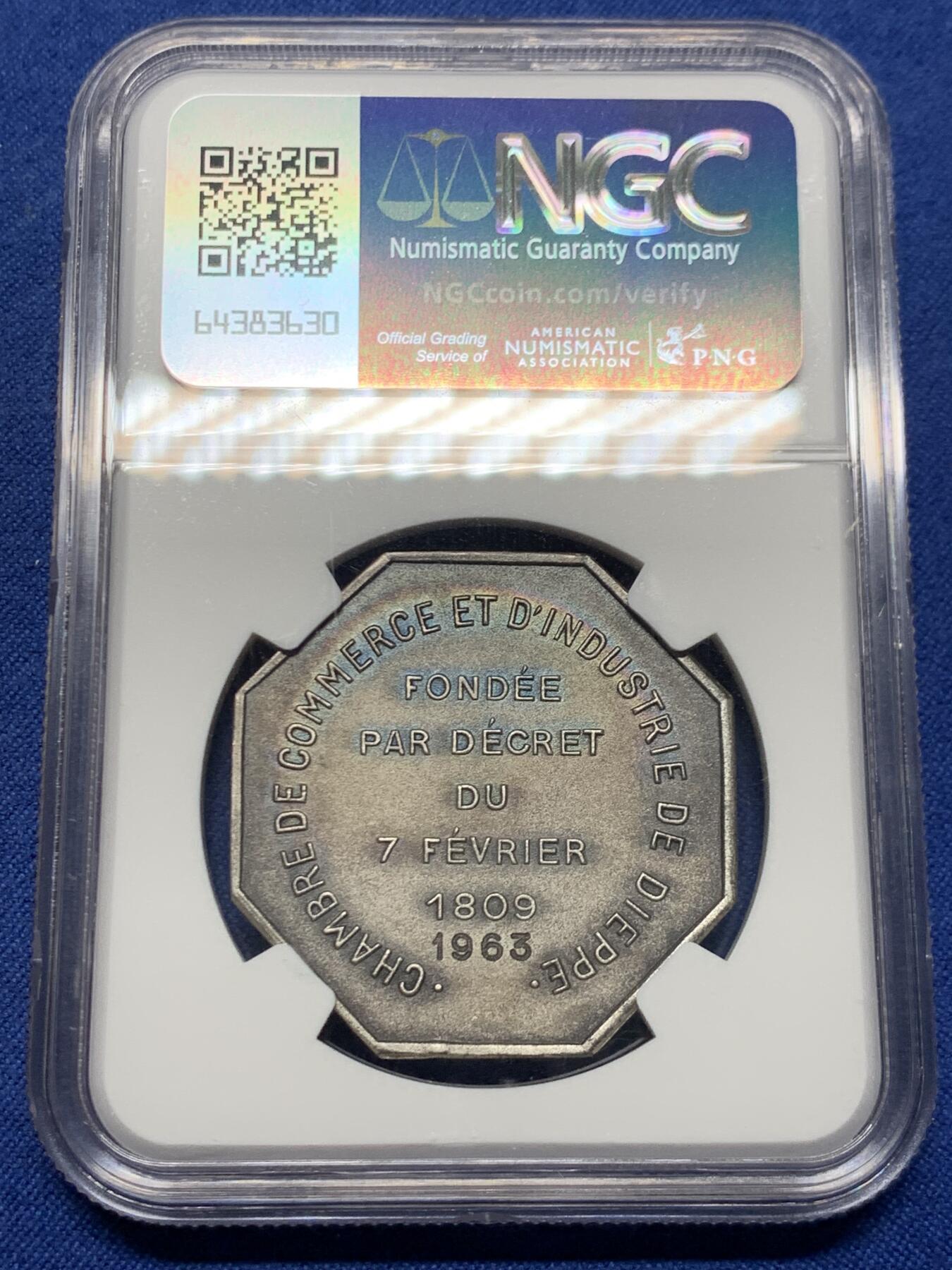 《竞宝斋》第460场 周日，周一，2场连拍 （全场包邮）欢迎送拍 NGC MS67 超高分 法国1963小飞侠墨丘利银质八角代币