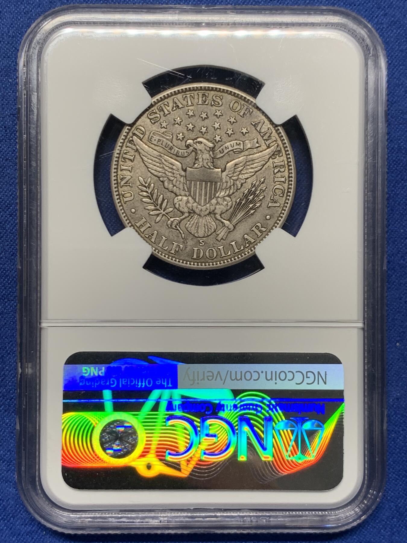 《竞宝斋》第460场 周日，周一，2场连拍 （全场包邮）欢迎送拍 NGC AU50 小特年美国1912-S巴伯五十美分银币，NGC指导价格400美元，合人民币2800元，HA的成交价基本维持在350刀+，国内难得一见的东西