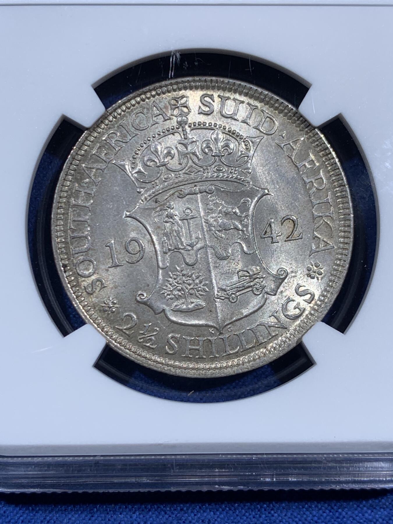 《竞宝斋》第460场 周日，周一，2场连拍 （全场包邮）欢迎送拍 NGC MS63 名誉品英属南非1942年半克朗银币，稀奇首拍MS63的分数 很难遇到的品种