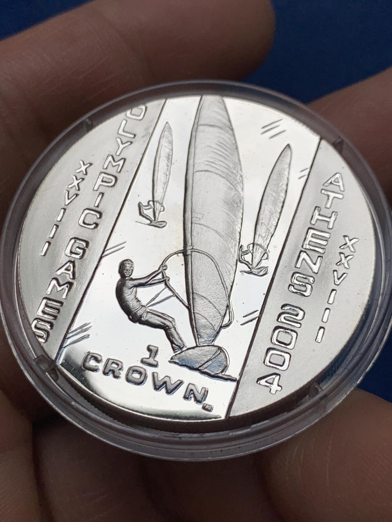 《竞宝斋》第460场 周日，周一，2场连拍 （全场包邮）欢迎送拍 马恩岛2003年雅典奥运会-风帆冲浪1克朗精制银币 925银 28.3克