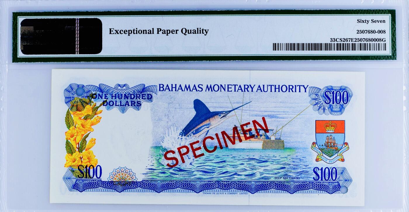【Blue Auction】世界纸币精拍第777期——18级TOP拍卖/信誉/品质/专业/高效💫 【冠军分 样钞】巴哈马 1968年100元 大马哈鱼 彩背 女王 最高值 印刷品质相同 实钞价格太贵 凑套可完全替代 PMG67EPQ 高分老壳 