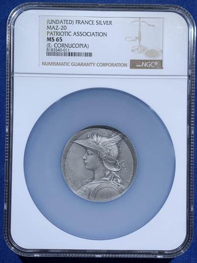 《竞宝斋》第460场 周日，周一，2场连拍 （全场包邮）欢迎送拍 - NGC MS65 罗蒂作品 戎装玛丽安娜纪念银章 50mm 丰饶角边铭+argent银标 战争动员卫国练兵主题银章 加大加厚盒