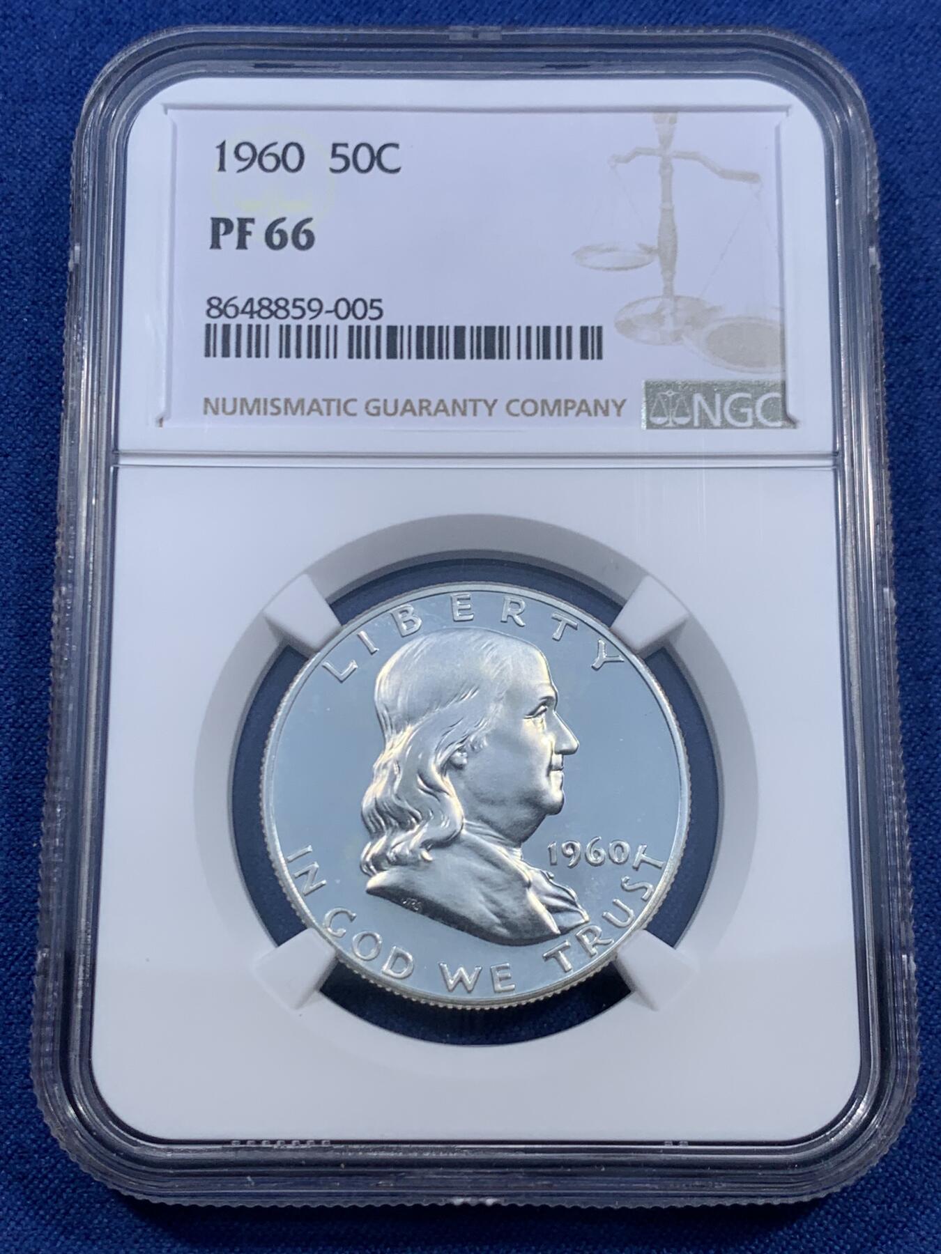 《竞宝斋》第460场 周日，周一，2场连拍 （全场包邮）欢迎送拍 NGC PF66 美国1960年富兰克林50美分银币，高分。