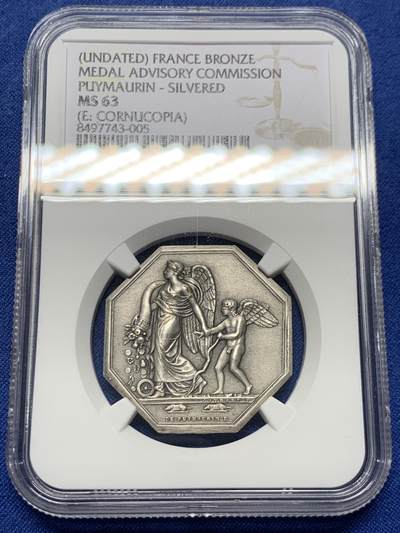 《竞宝斋》第460场 周日，周一，2场连拍 （全场包邮）欢迎送拍 - NGC MS63 法国八角镀银铜质代币，正面雕刻一位羽翼女神(胜利或命运女神)牵引着小天使(爱神丘比特)，象征着命运引导下的爱与希望，左侧为撒落的丰收之角(Cornucopia)，右下角有艺术家名“DE PUYMAURIN”与雕刻标记，与整体构图共同形成寓言式场景。