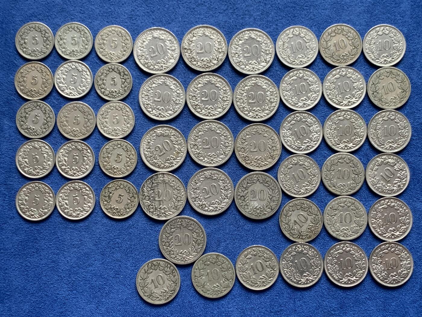 《竞宝斋》第460场 周日，周一，2场连拍 （全场包邮）欢迎送拍 49枚一组 瑞士早年份生丁镍币，20生丁13枚，10生丁21枚，5生丁15枚。都是1940年之前的年份，含1895年5生丁，1895弄10生丁1895/1885年20生丁镍币，凑年份的不要错过了