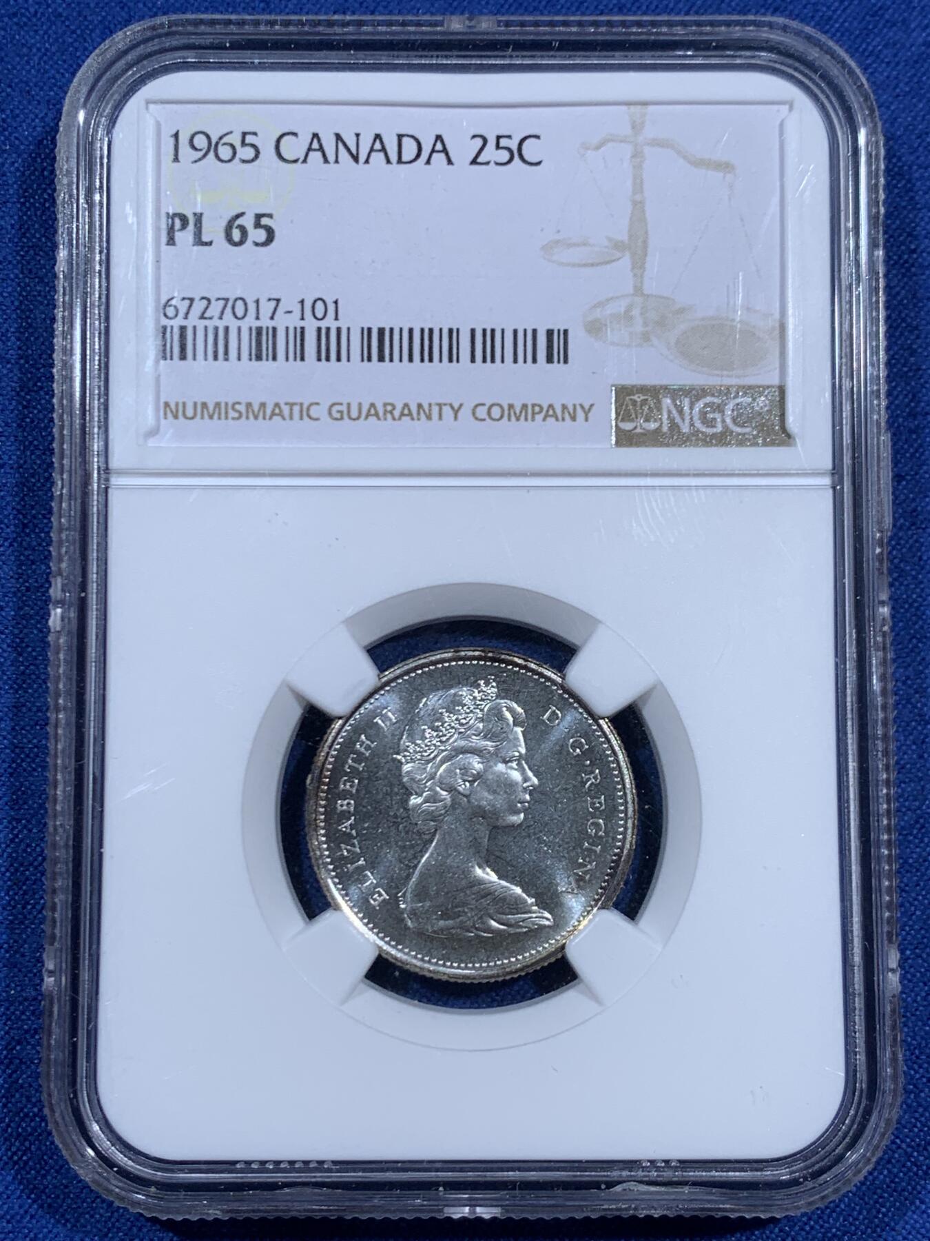 《竞宝斋》第460场 周日，周一，2场连拍 （全场包邮）欢迎送拍 NGC PL65 加拿大1965年伊丽莎白二世女王25分银币 少见PL状态