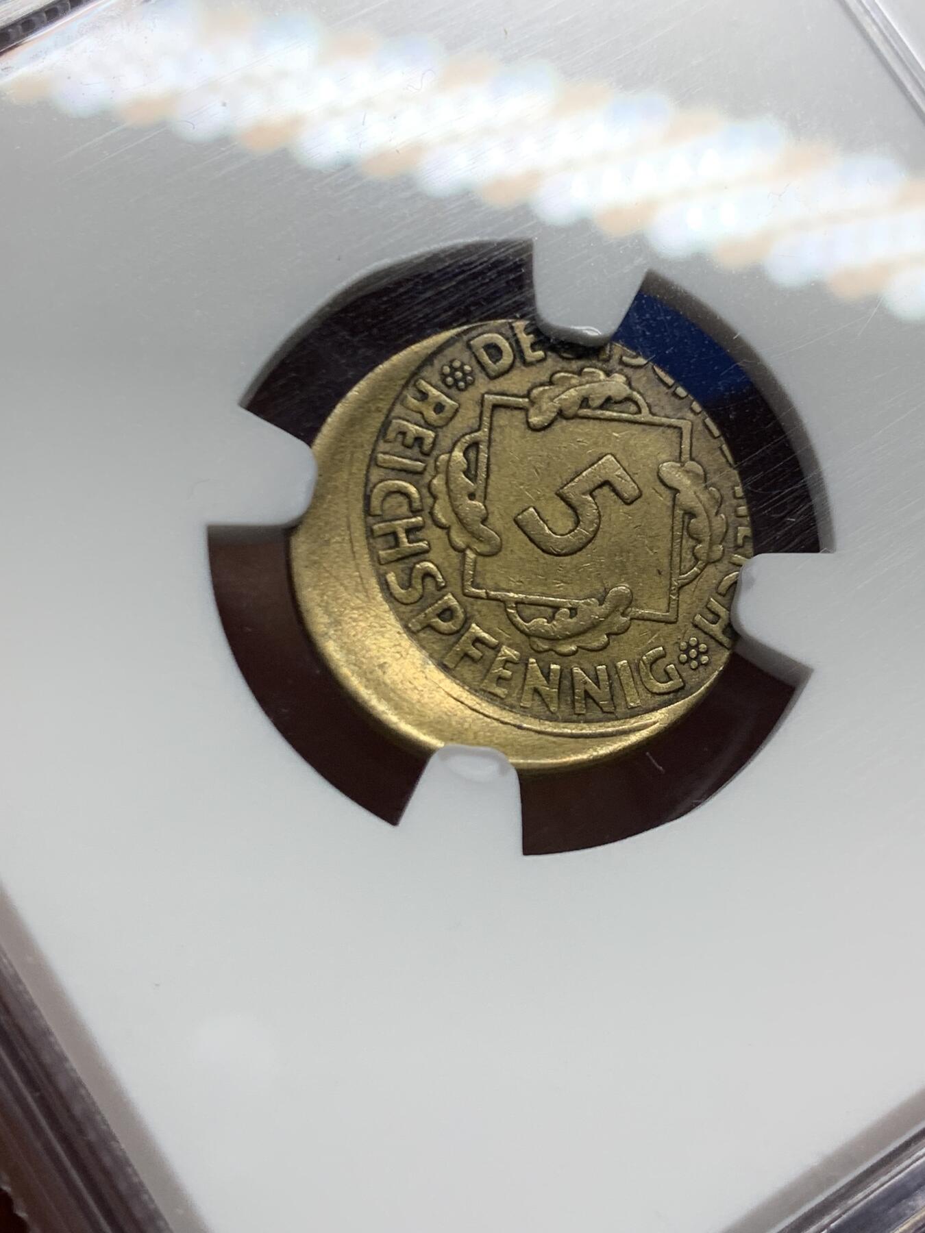 《竞宝斋》第460场 周日，周一，2场连拍 （全场包邮）欢迎送拍 NGC AU50 德国 1930年 5芬尼 这个时期偏打达到30%的币很难遇到