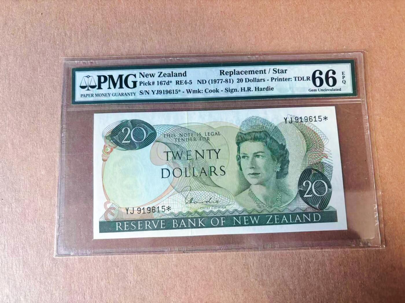 【Blue Auction】世界纸币精拍第777期——18级TOP拍卖/信誉/品质/专业/高效💫 【补号无47】新西兰 1977-81年20元 高冠女王  PMG66EPQ 