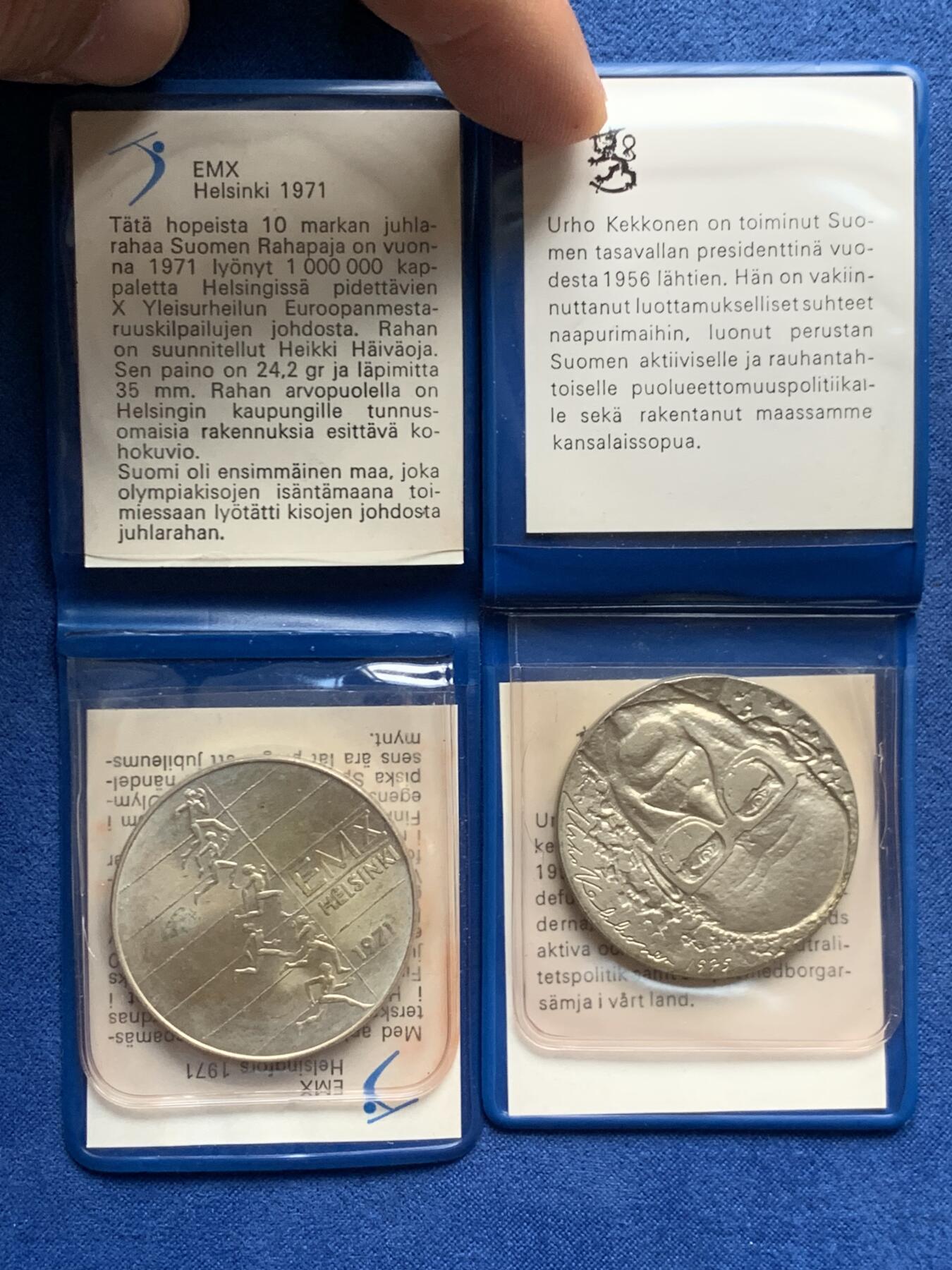 《竞宝斋》第460场 周日，周一，2场连拍 （全场包邮）欢迎送拍 两枚一组 芬兰10马克银币 袋装 1971年第十届欧洲田径锦标赛+1975年总统吉科宁