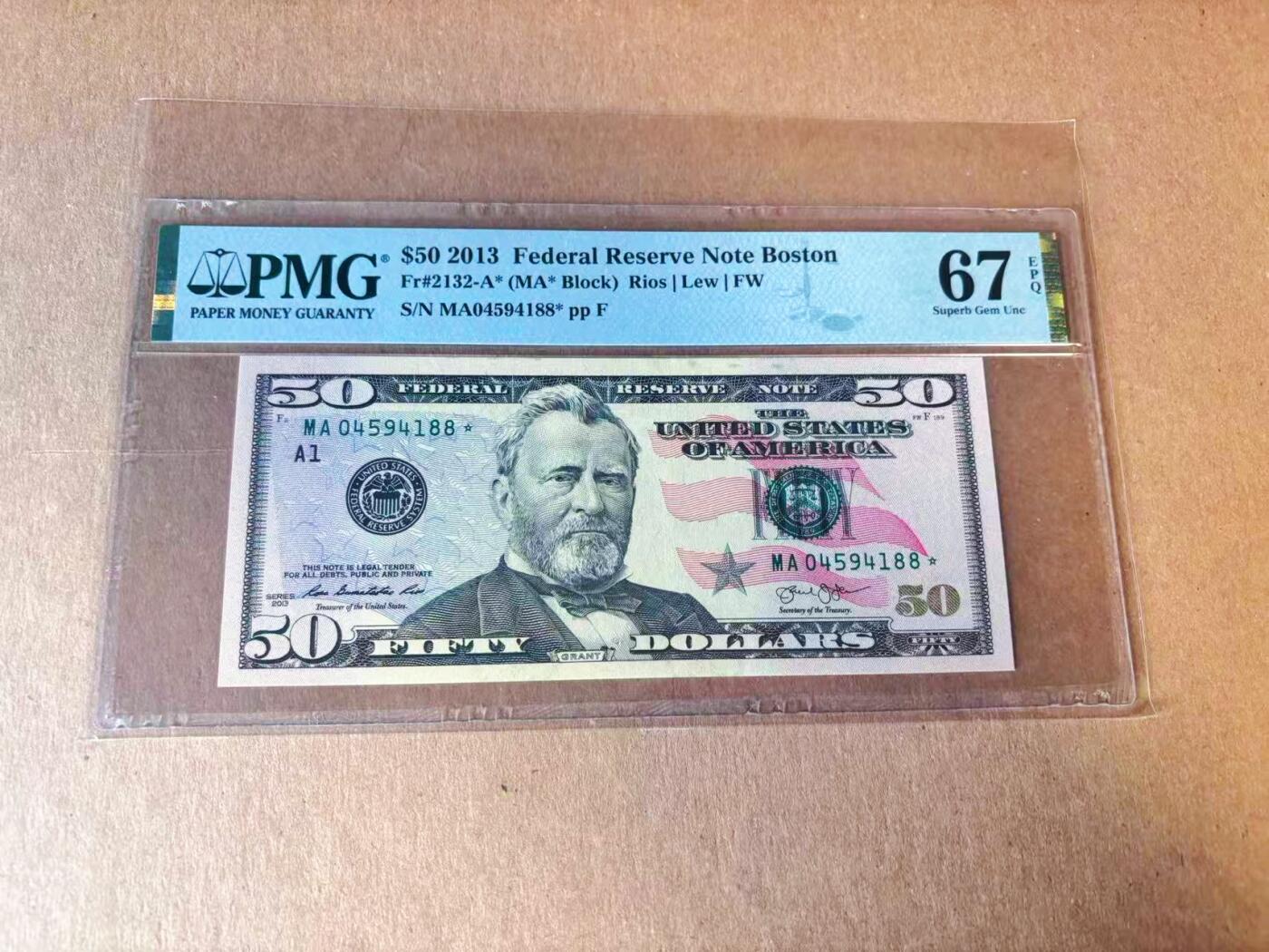 【Blue Auction】世界纸币精拍第777期——18级TOP拍卖/信誉/品质/专业/高效💫 【88尾 补号】美国 2013年50美金  PMG67EPQ