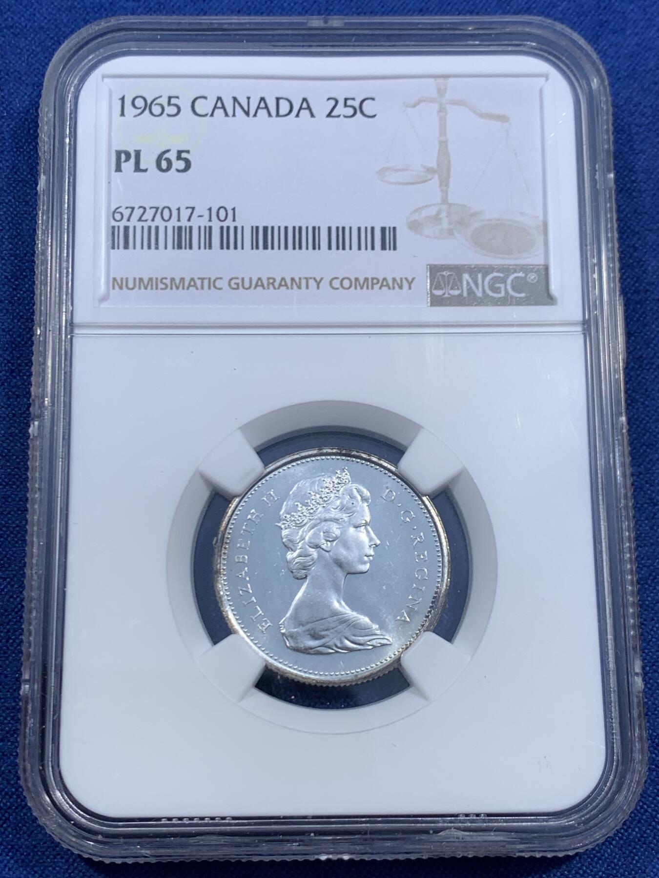 《竞宝斋》第460场 周日，周一，2场连拍 （全场包邮）欢迎送拍 NGC PL65 加拿大1965年伊丽莎白二世女王25分银币 少见PL状态