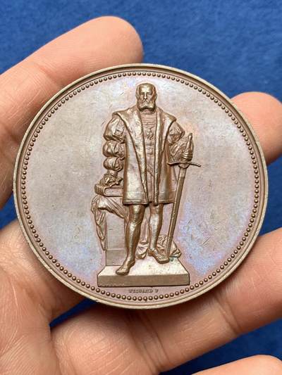 《竞宝斋》第460场 周日，周一，2场连拍 （全场包邮）欢迎送拍 - 1889年勃兰登堡选帝侯约阿希姆二世皈依新教350周年纪念碑铜章，47.85克，51mm