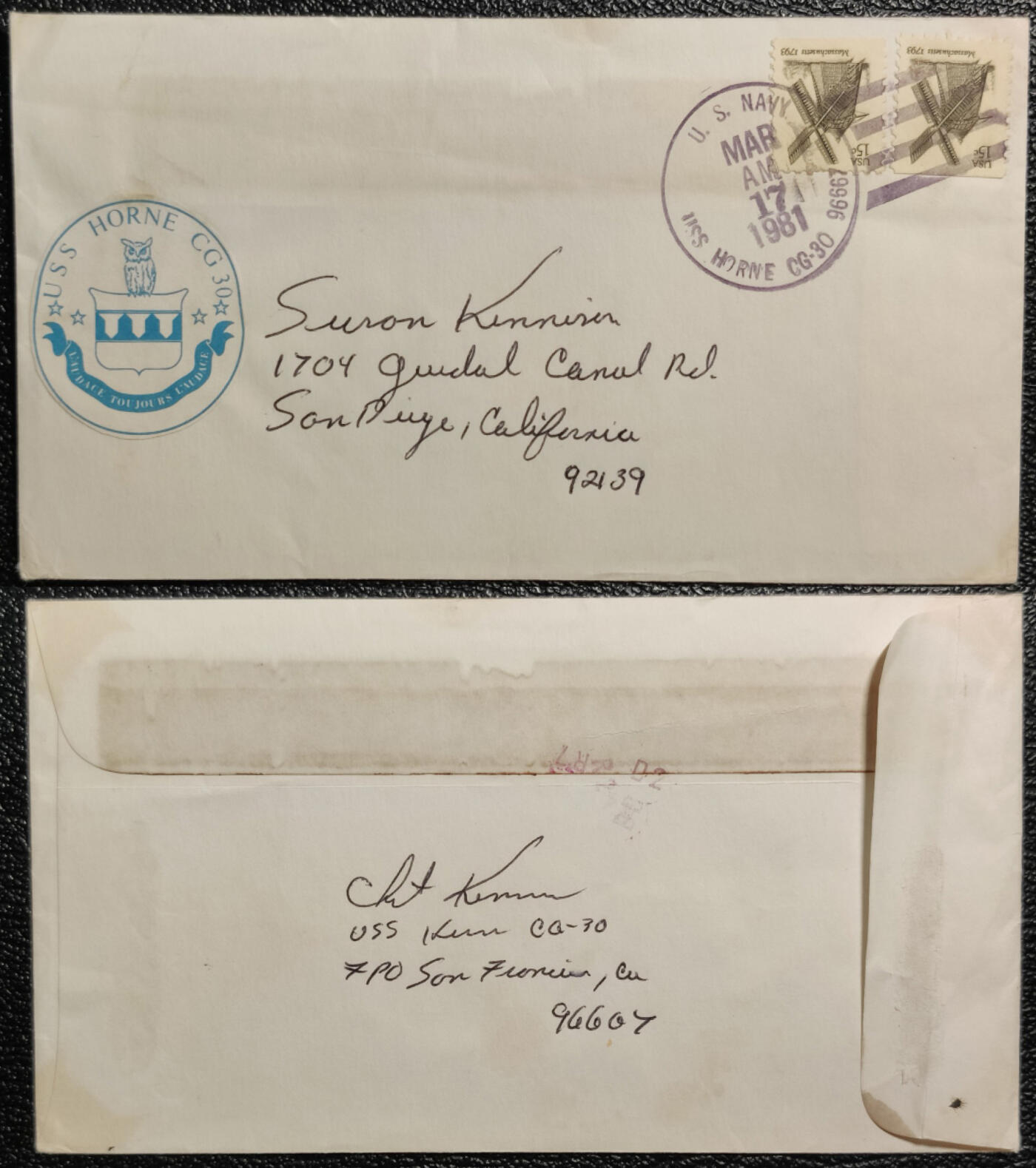 洪涛臻品批发群 精选邮票限时拍卖第1232期  1981.3.17美国海军实寄封 贴马萨诸塞州风车邮票2枚, 盖美国海军陆战队司令部邮戳, 贴海军陆战队司令部标签