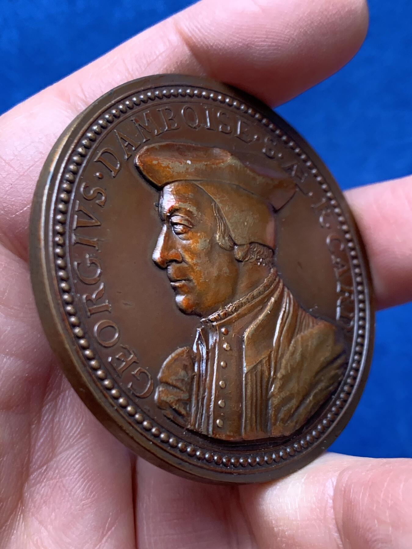 《竞宝斋》第460场 周日，周一，2场连拍 （全场包邮）欢迎送拍 法国天主教枢机主教乔治·丹博瓦大铜章 早期后铸高浮雕 76.2g 53.1mm