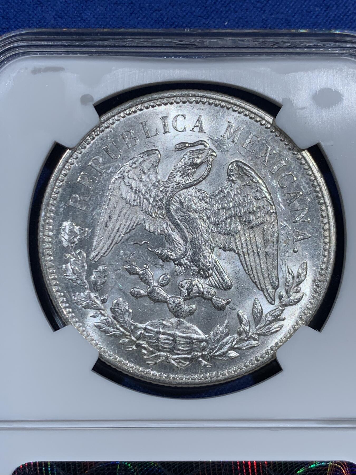 《竞宝斋》第460场 周日，周一，2场连拍 （全场包邮）欢迎送拍 NGC MS63 墨西哥1908年直边鹰洋1比索银币 暴光品相 老盒严评