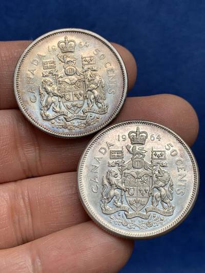 《竞宝斋》第460场 周日，周一，2场连拍 （全场包邮）欢迎送拍 - 两枚一组 加拿大1964年半圆银币 转光好品 800银 总重23克