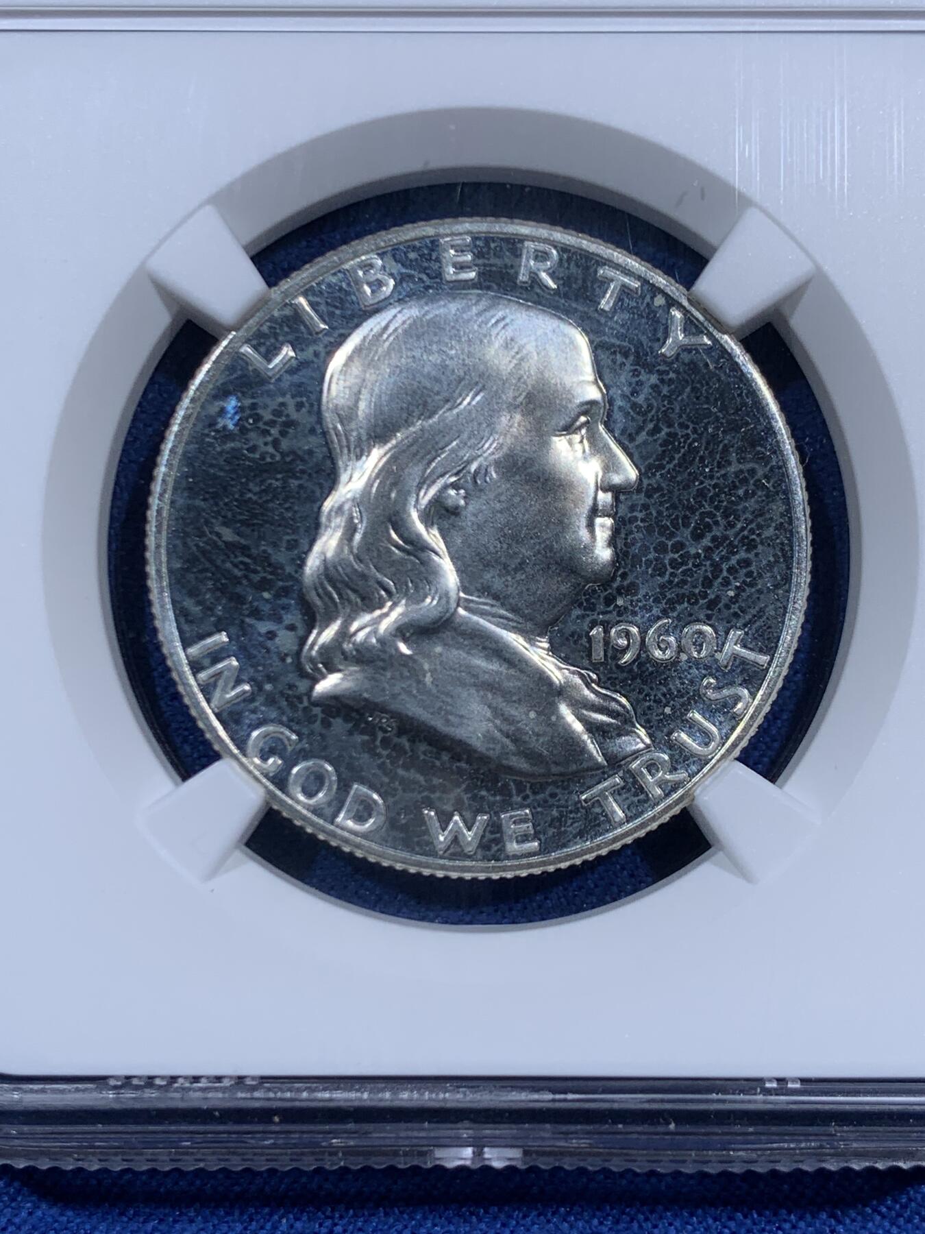 《竞宝斋》第460场 周日，周一，2场连拍 （全场包邮）欢迎送拍 NGC PF66 美国1960年富兰克林50美分银币，高分。