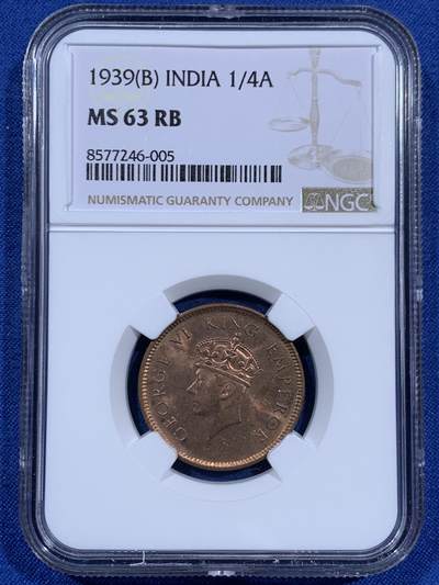 《竞宝斋》第460场 周日，周一，2场连拍 （全场包邮）欢迎送拍 - NGC MS63RB 英属印度1939年B版1/4安娜铜币