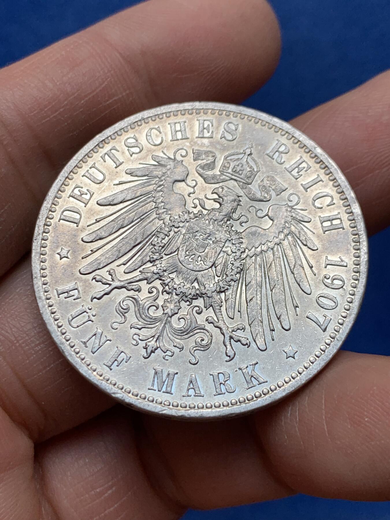 《竞宝斋》第460场 周日，周一，2场连拍 （全场包邮）欢迎送拍 德国普鲁士1907年威廉二世长翅5马克银币