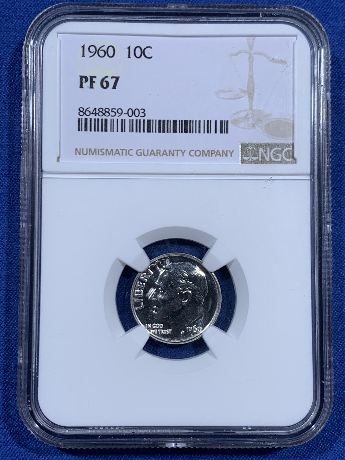 《竞宝斋》第460场 周日，周一，2场连拍 （全场包邮）欢迎送拍 NGC PF67 美国1960年罗斯福10美分银币，少见早期精制版本，高分
